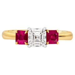1.56 Carats Total Asscher Cut Diamond & Ruby Three-Stone Engagement Ring