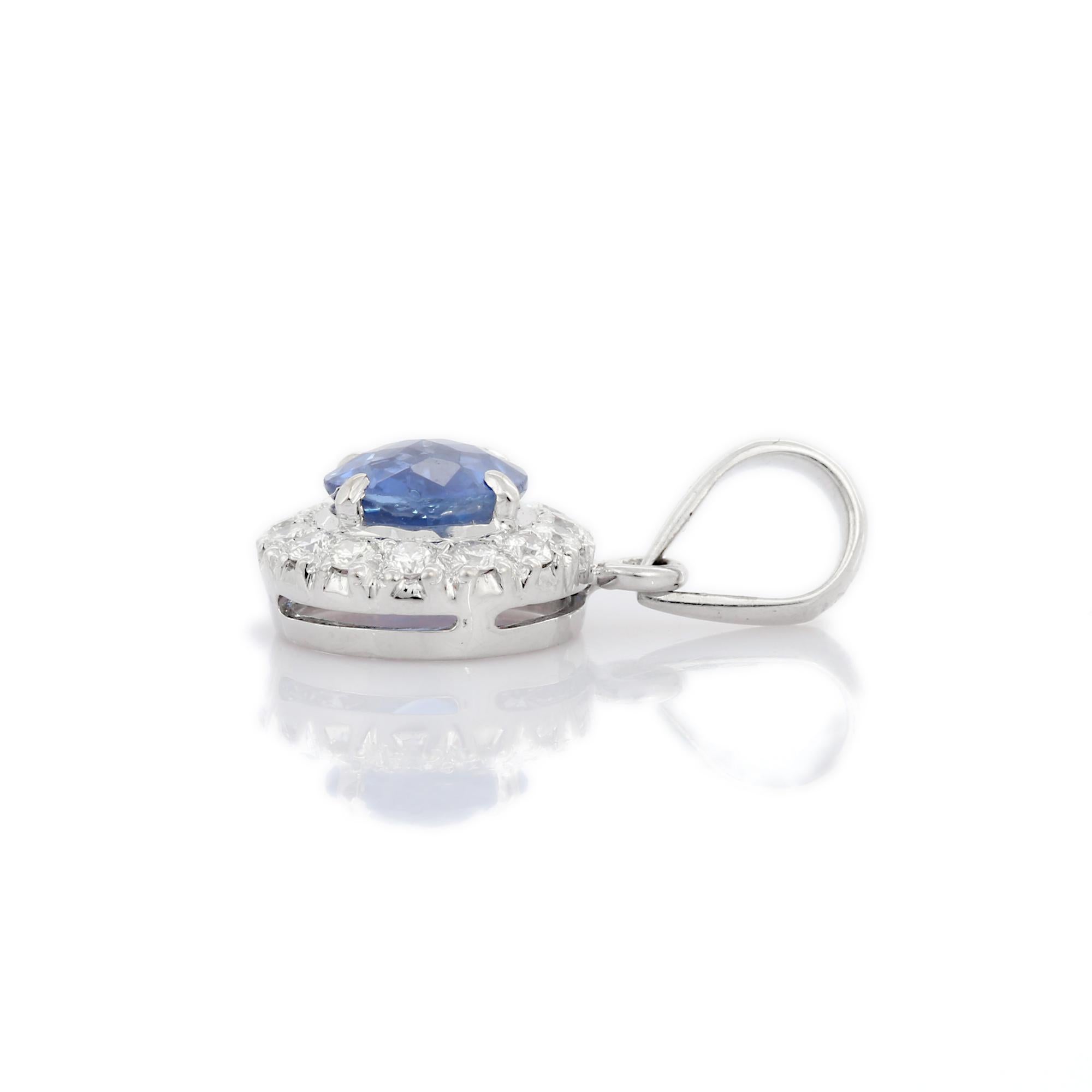 Romantic 1.56 Ct Round Cut Blue Sapphire and Diamond Simple Pendant in 18K White Gold For Sale