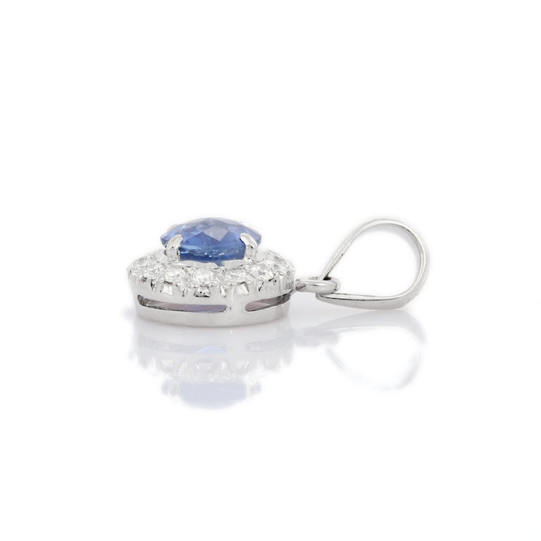 1.56 Ct Round Cut Blue Sapphire and Diamond Simple Pendant in 18K White ...