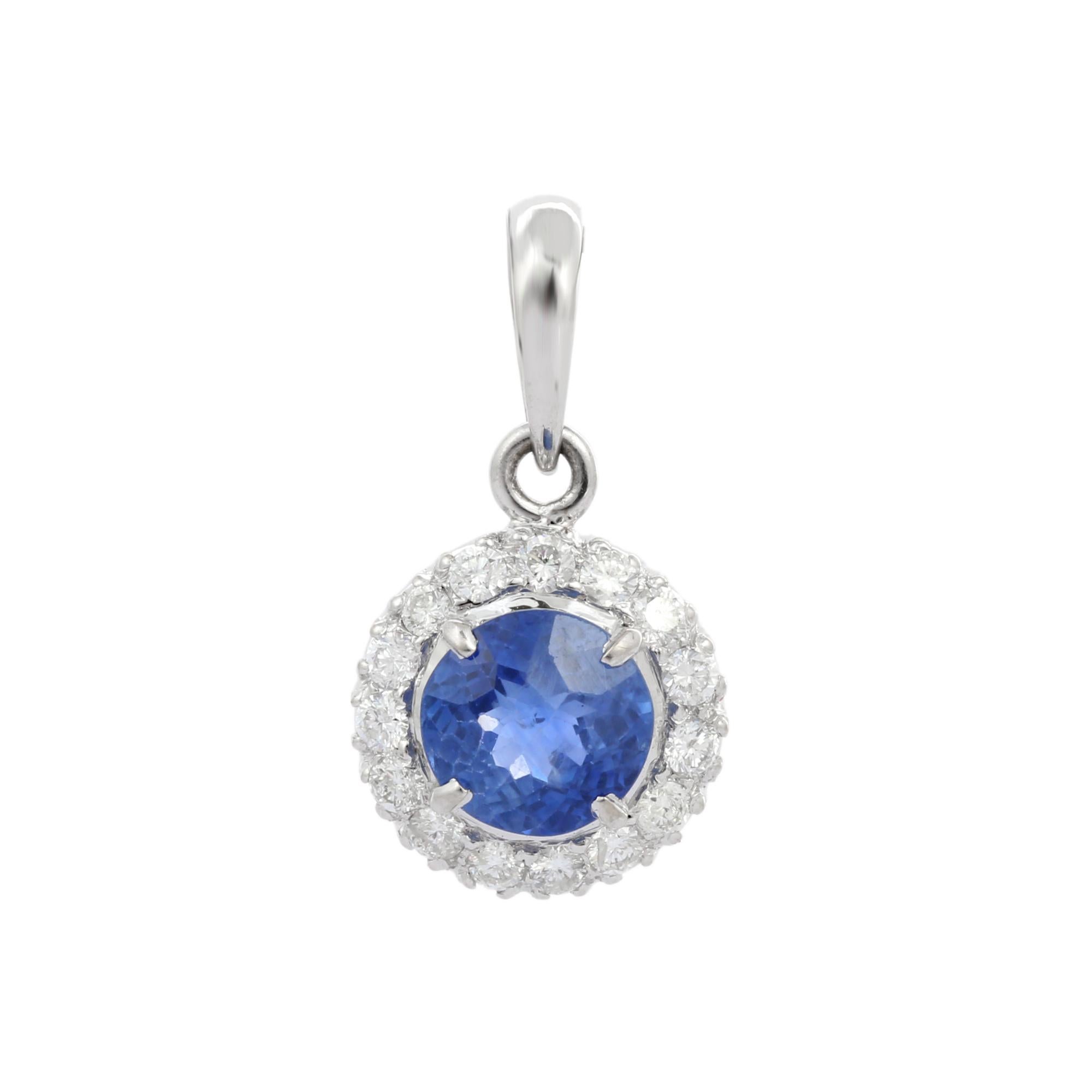 Women's 1.56 Ct Round Cut Blue Sapphire and Diamond Simple Pendant in 18K White Gold For Sale