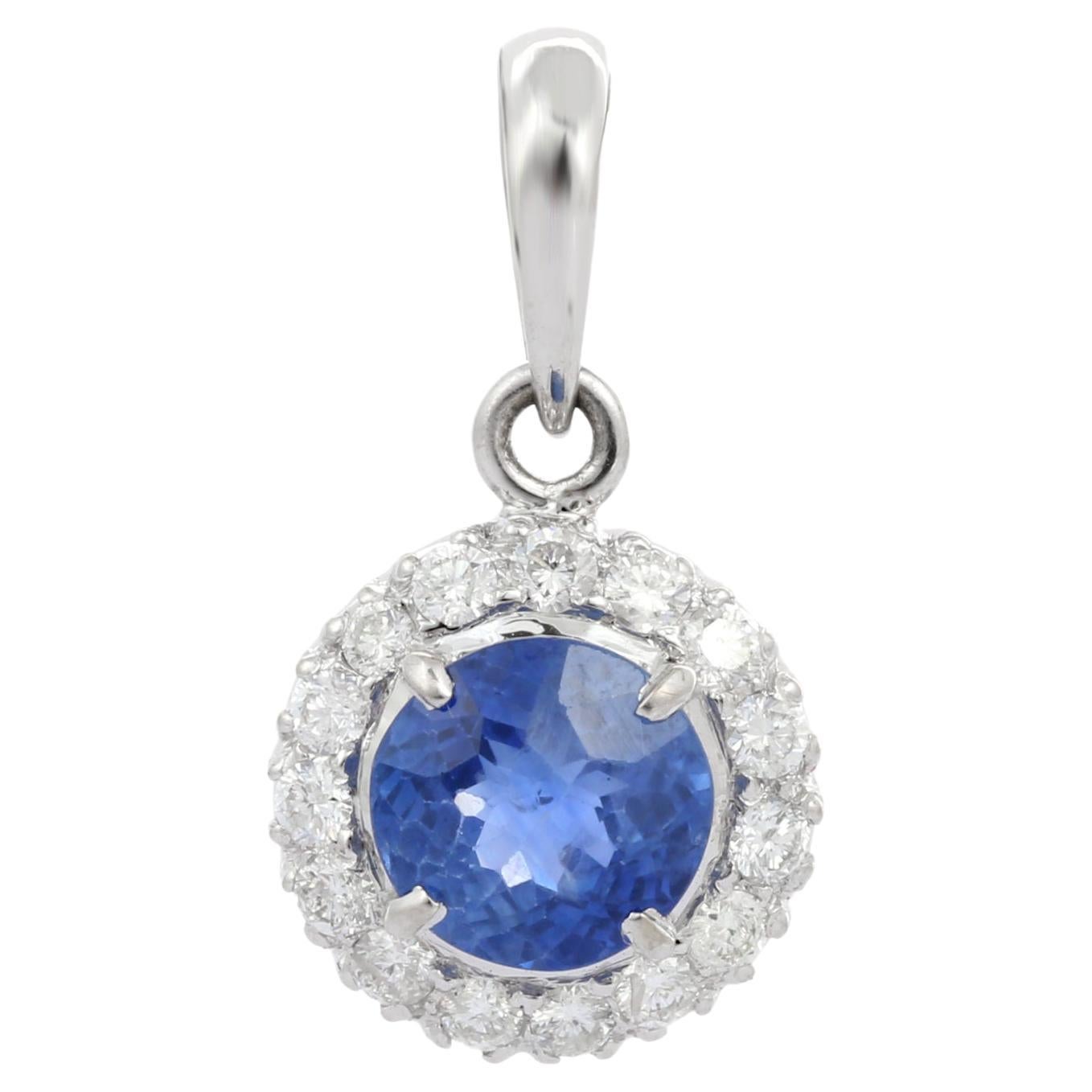 1.56 Ct Round Cut Blue Sapphire and Diamond Simple Pendant in 18K White Gold For Sale