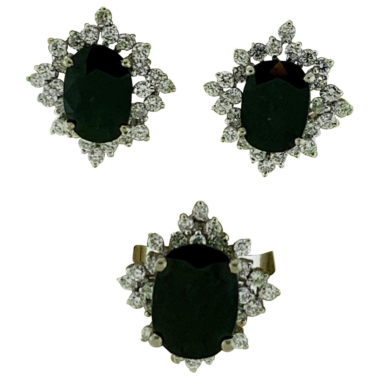 15.6 Ct Sapphire and 2.8 Ct Diamond Stud Earring and Ring Set in 14 Karat Gold