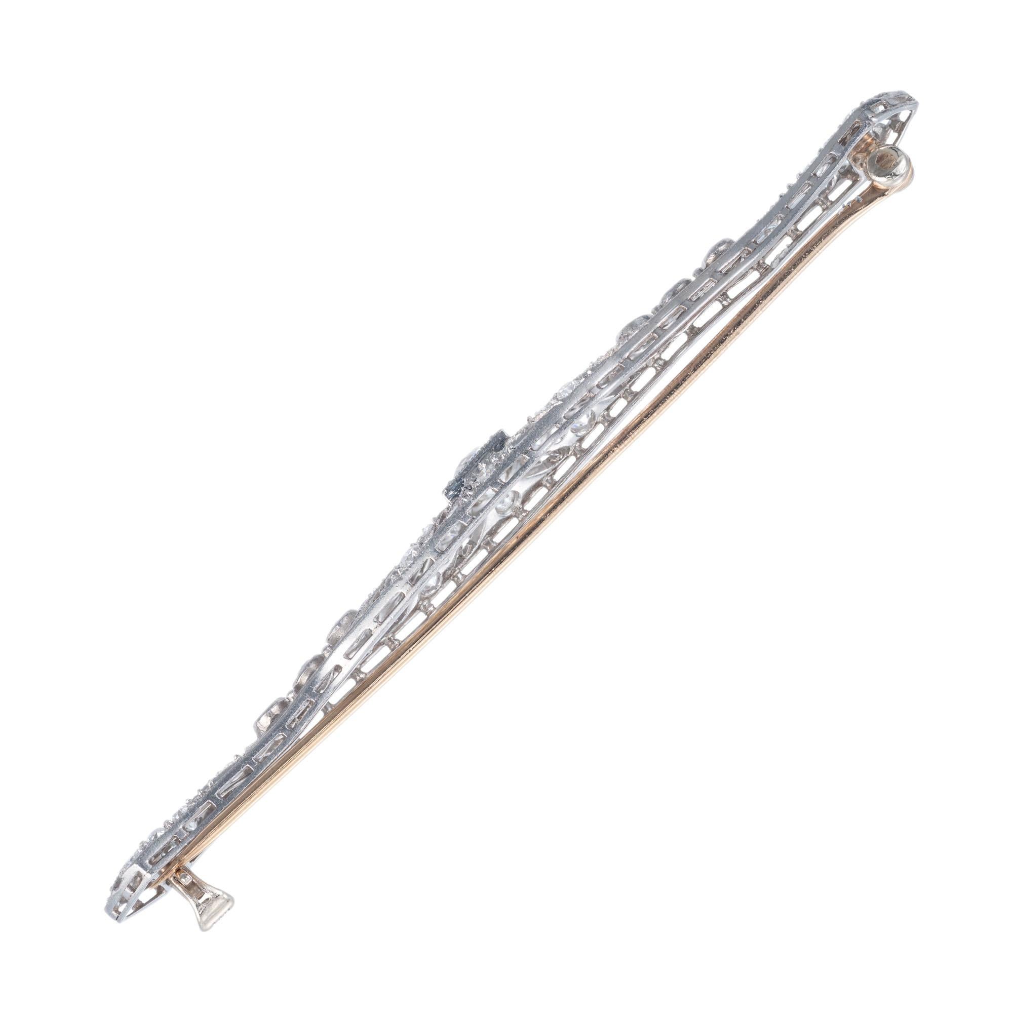 1925 Art Deco Platinum filigree bar brooch. Set with an old European cut center diamond and old European cut accent diamonds. 

1 center cut diamond old European cut diamond .70cts. H color, SI1 clarity
6 side diamonds approx. total weight .06cts
32