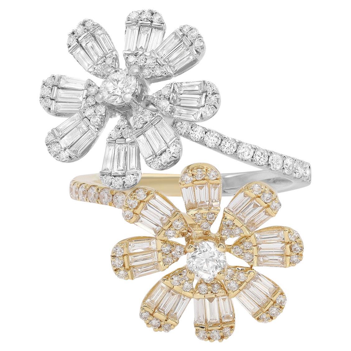 1.56 Pavé Diamond Flower Ring in 18K White & Yellow Gold For Sale