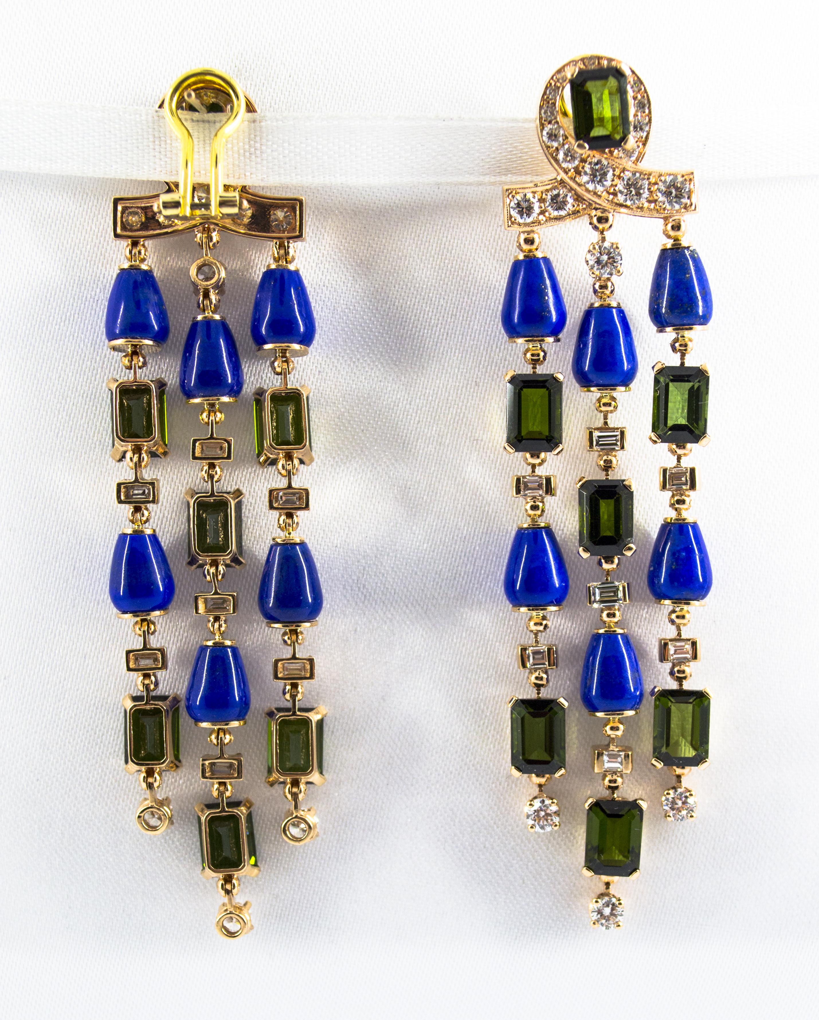 15.60 Carat Tourmaline Lapis 2.90 Carat White Diamond Yellow Gold Drop Earrings For Sale 4