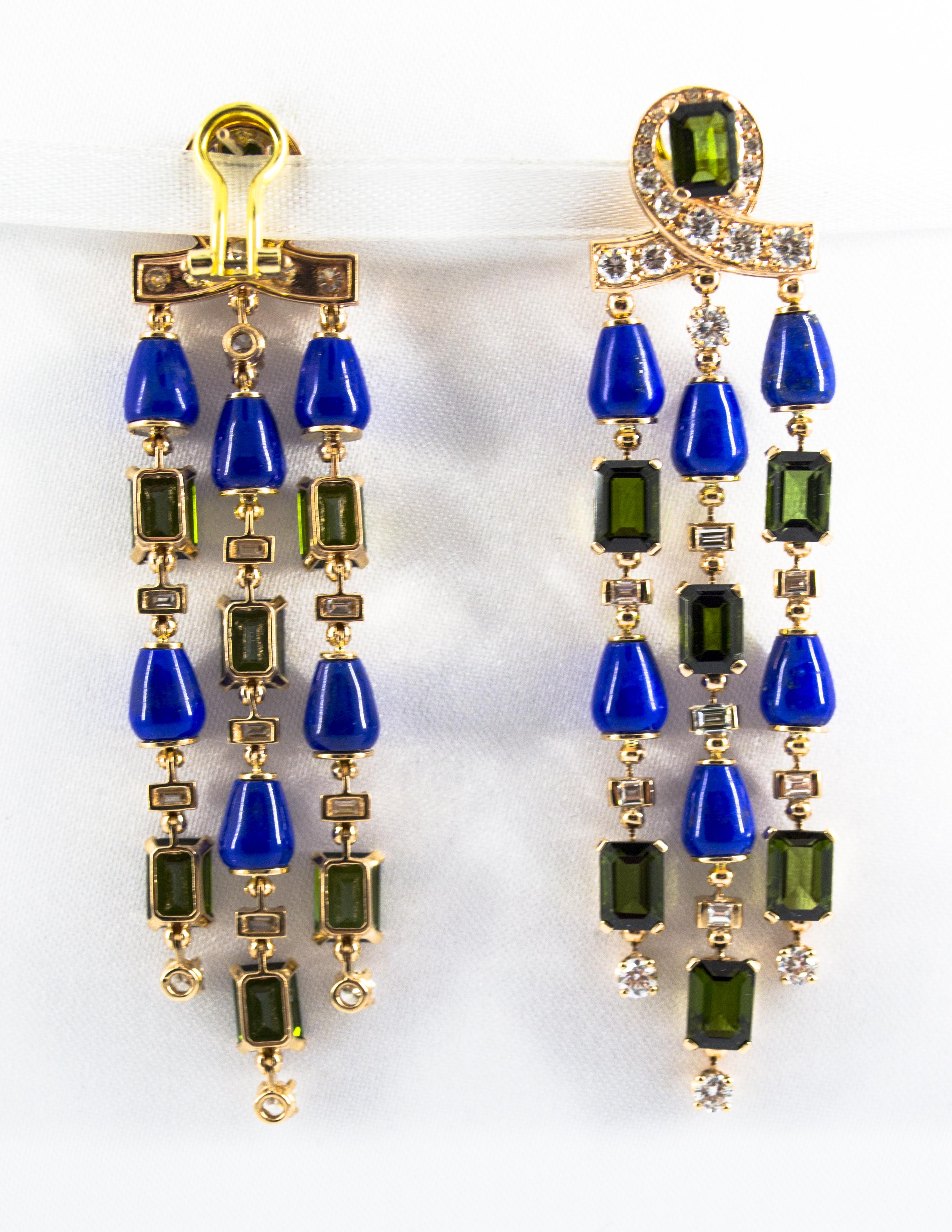 15.60 Carat Tourmaline Lapis 2.90 Carat White Diamond Yellow Gold Drop Earrings For Sale 5