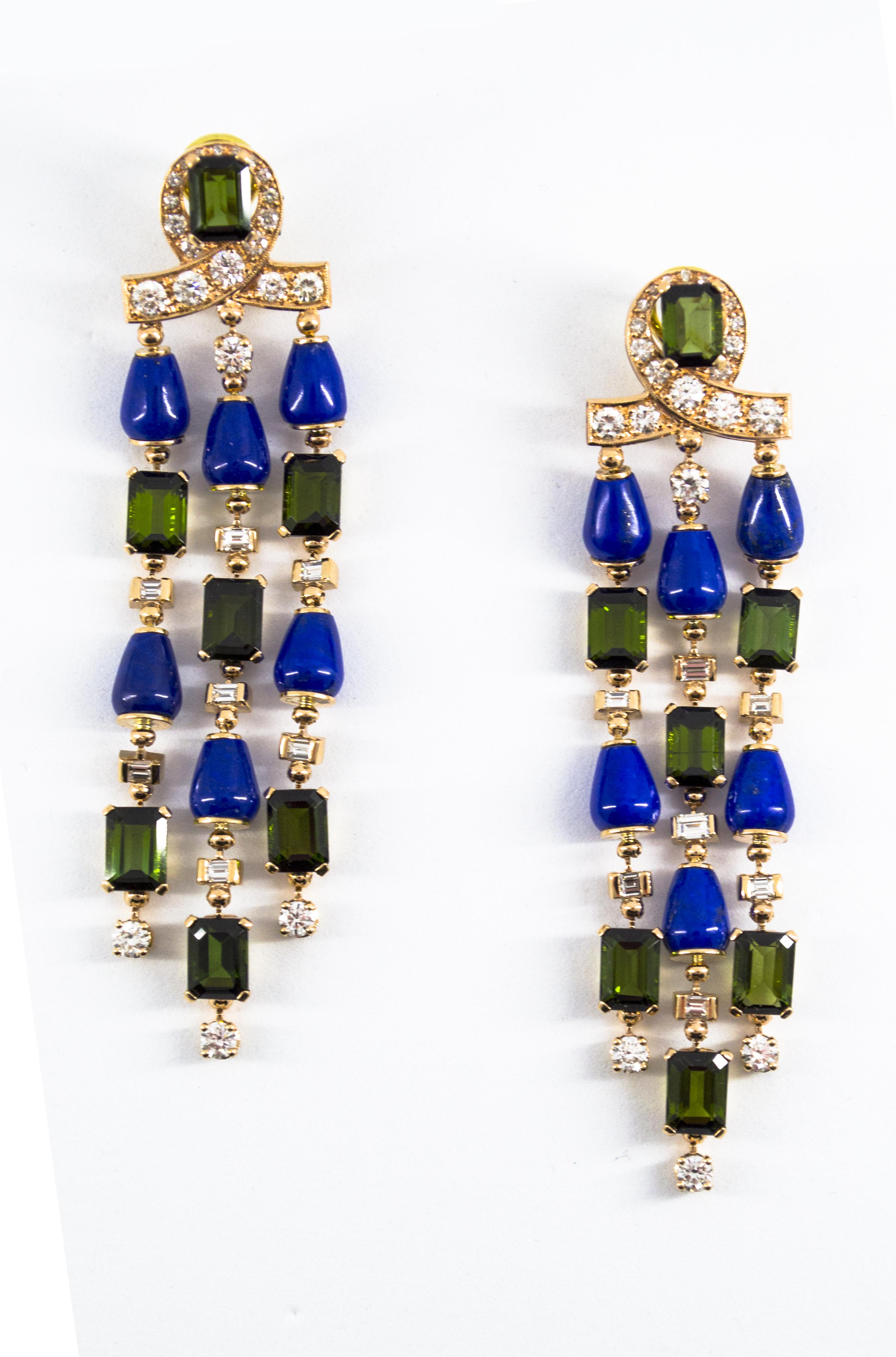 15.60 Carat Tourmaline Lapis 2.90 Carat White Diamond Yellow Gold Drop Earrings For Sale 6