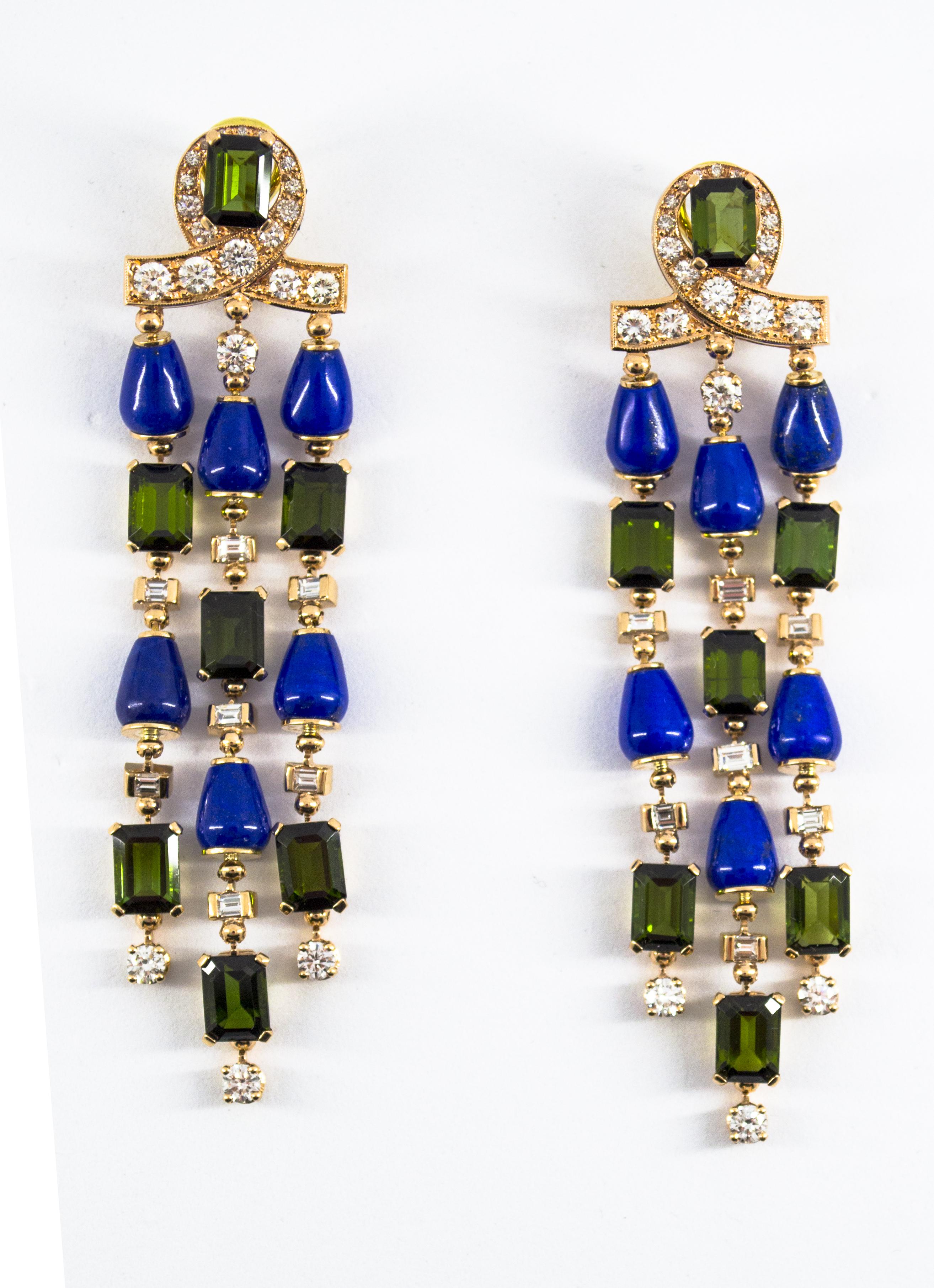 15.60 Carat Tourmaline Lapis 2.90 Carat White Diamond Yellow Gold Drop Earrings For Sale 7