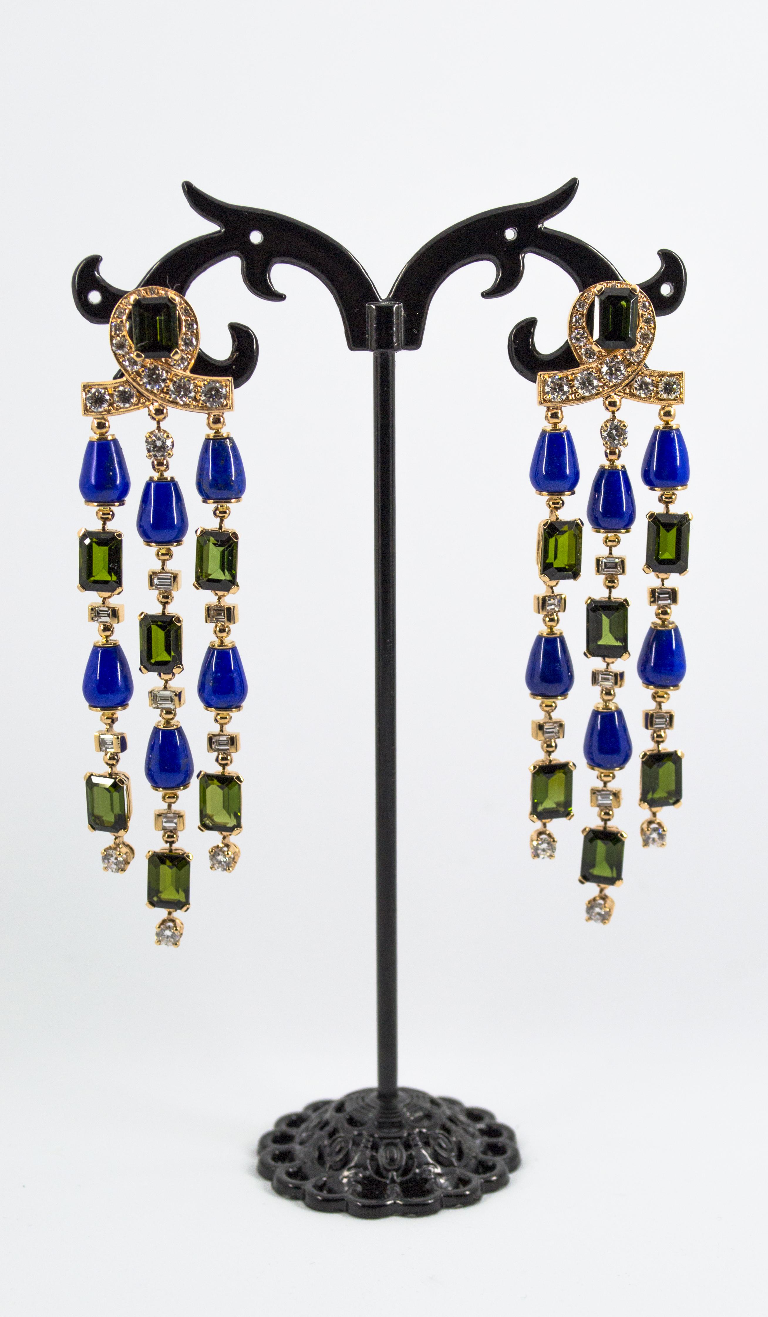 These Clip-On Drop Earrings are made of 14K Yellow Gold.
These Earrings have 2.90 Carats of White Diamonds.
These Earrings have 15.60 Carats of Green Tourmaline.
These Earrings have also Lapis Lazuli.
All our Earrings have pins for pierced ears but