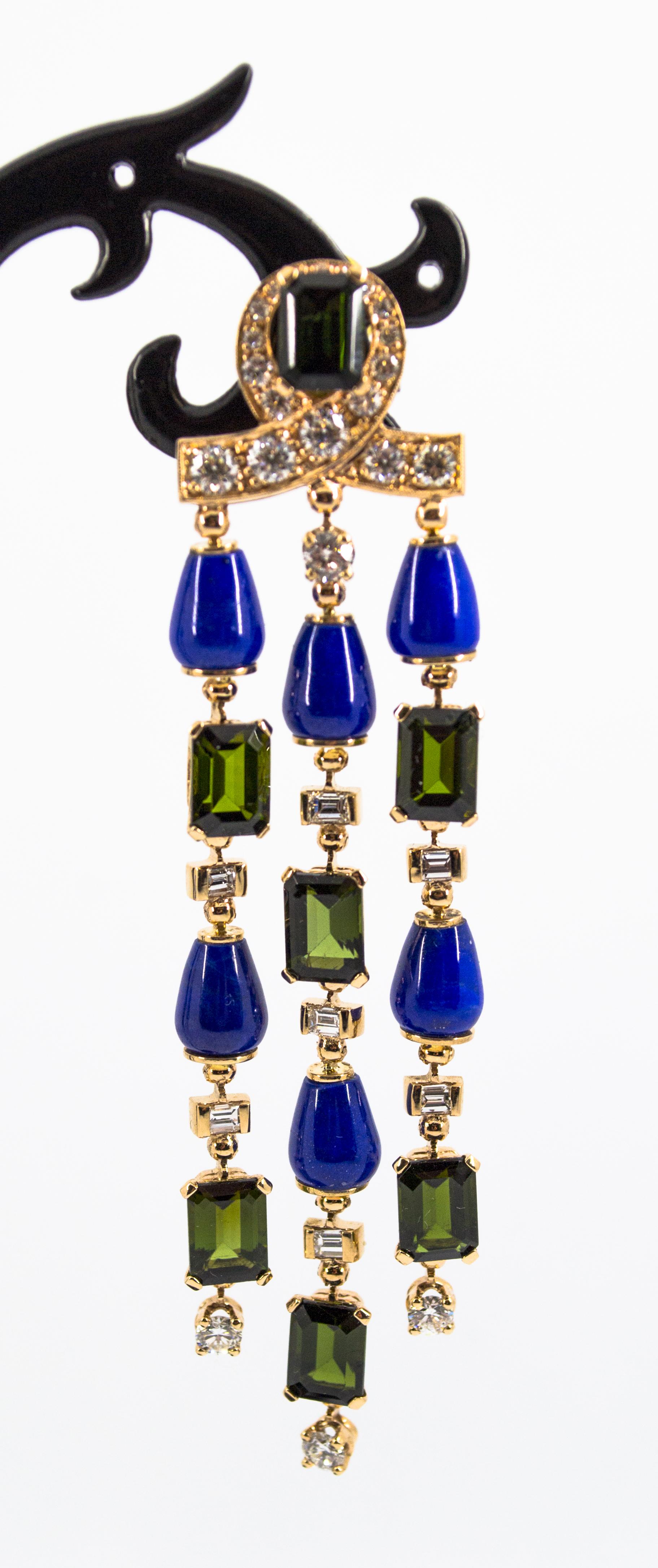 Art Deco 15.60 Carat Tourmaline Lapis 2.90 Carat White Diamond Yellow Gold Drop Earrings For Sale