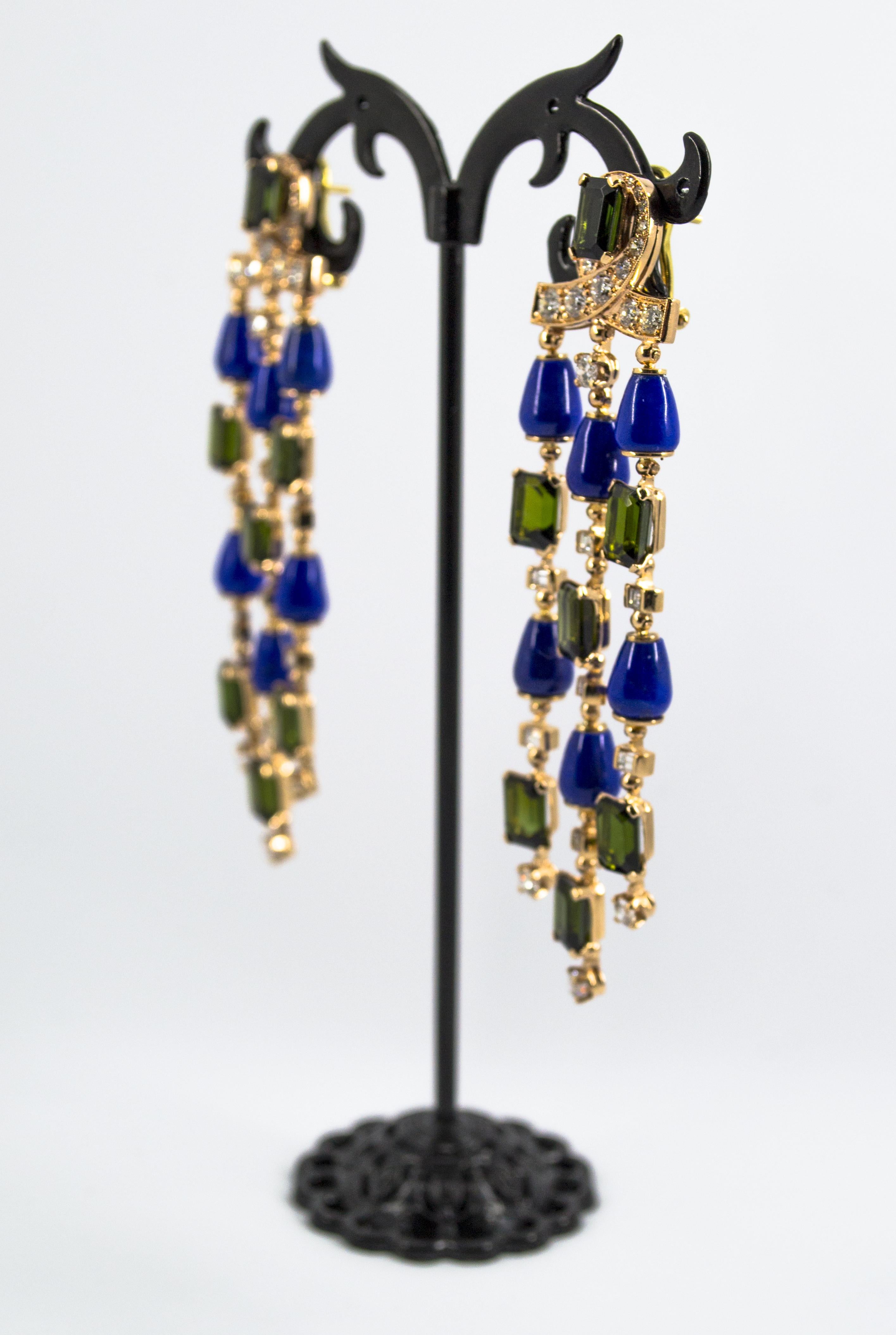 Brilliant Cut 15.60 Carat Tourmaline Lapis 2.90 Carat White Diamond Yellow Gold Drop Earrings For Sale