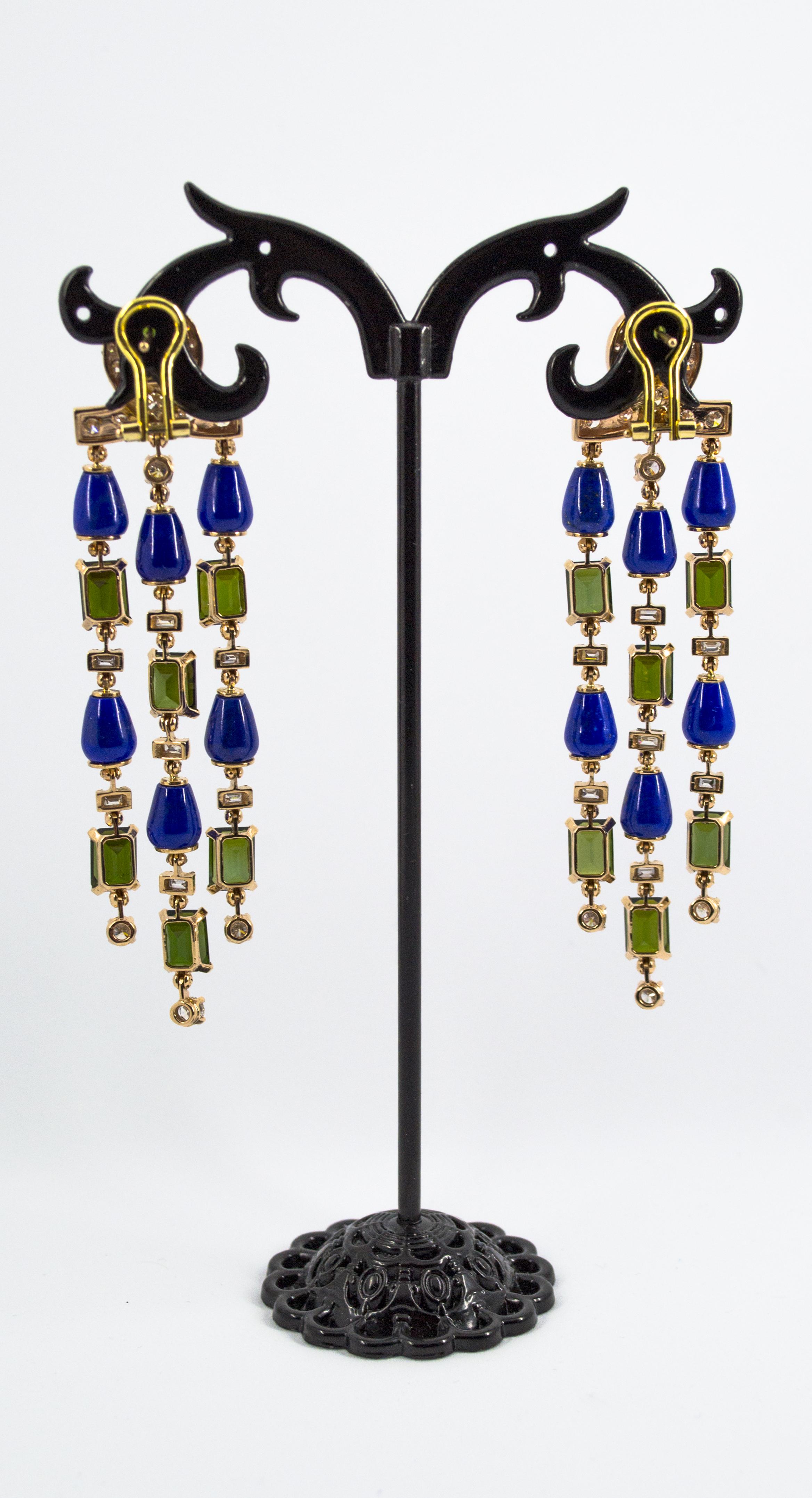 15.60 Carat Tourmaline Lapis 2.90 Carat White Diamond Yellow Gold Drop Earrings In New Condition For Sale In Naples, IT