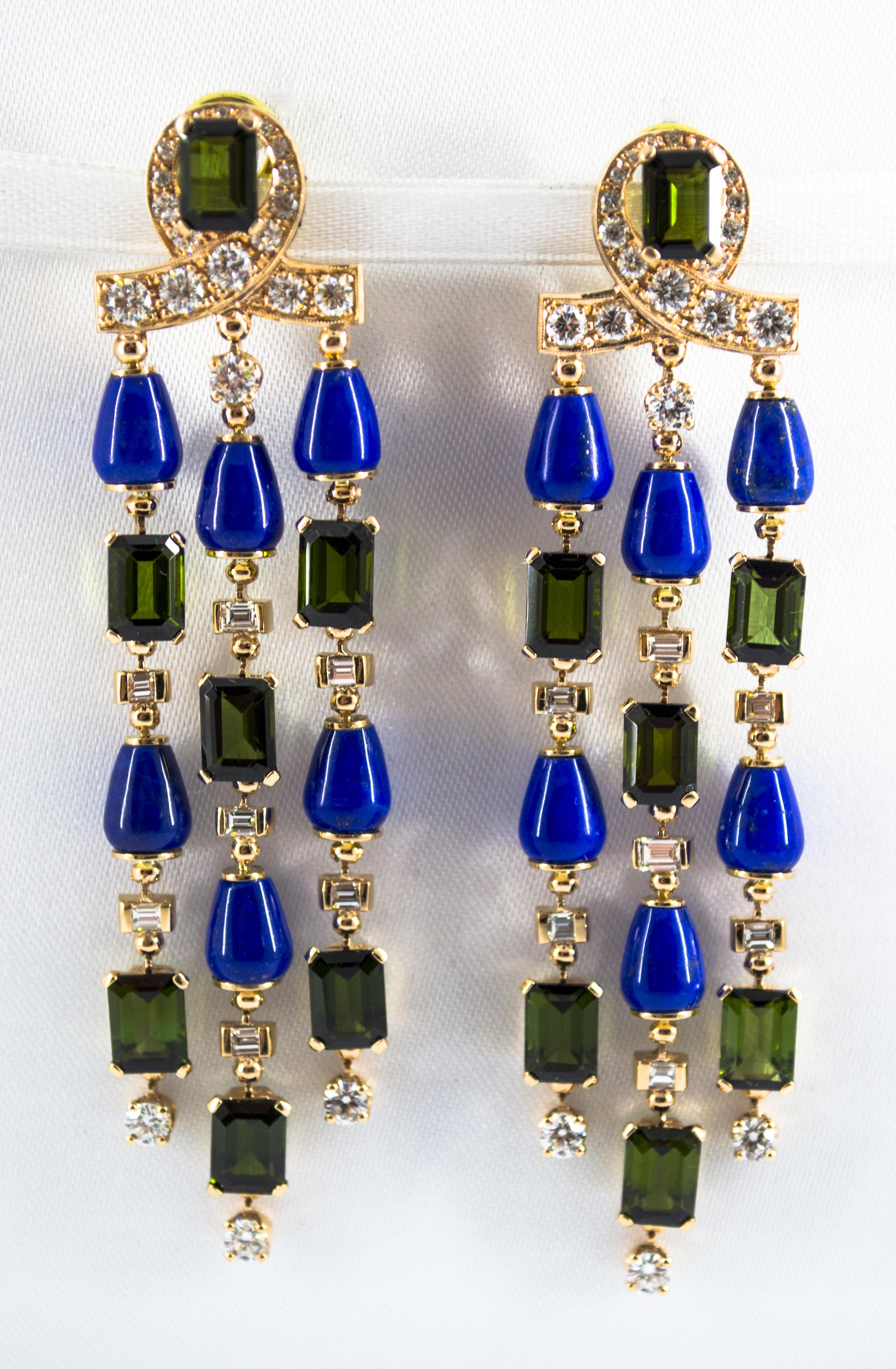 Women's or Men's 15.60 Carat Tourmaline Lapis 2.90 Carat White Diamond Yellow Gold Drop Earrings For Sale