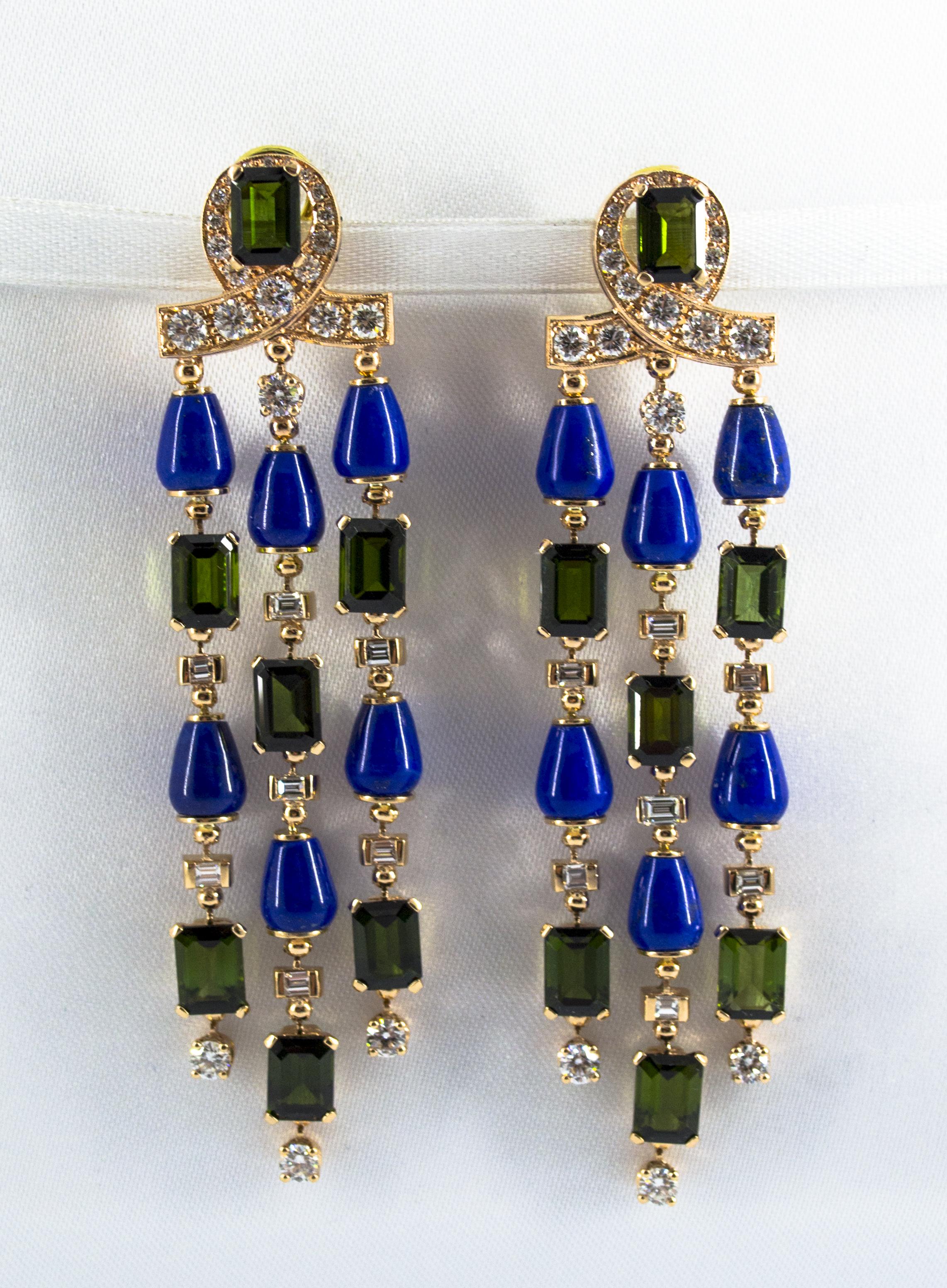 15.60 Carat Tourmaline Lapis 2.90 Carat White Diamond Yellow Gold Drop Earrings For Sale 1