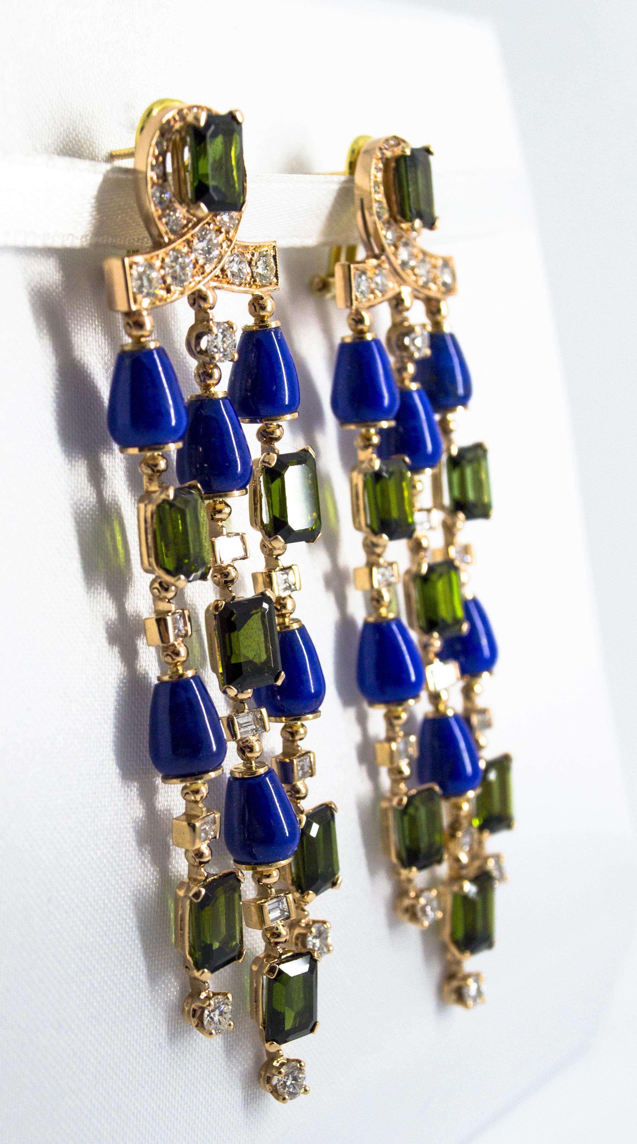 15.60 Carat Tourmaline Lapis 2.90 Carat White Diamond Yellow Gold Drop Earrings 2