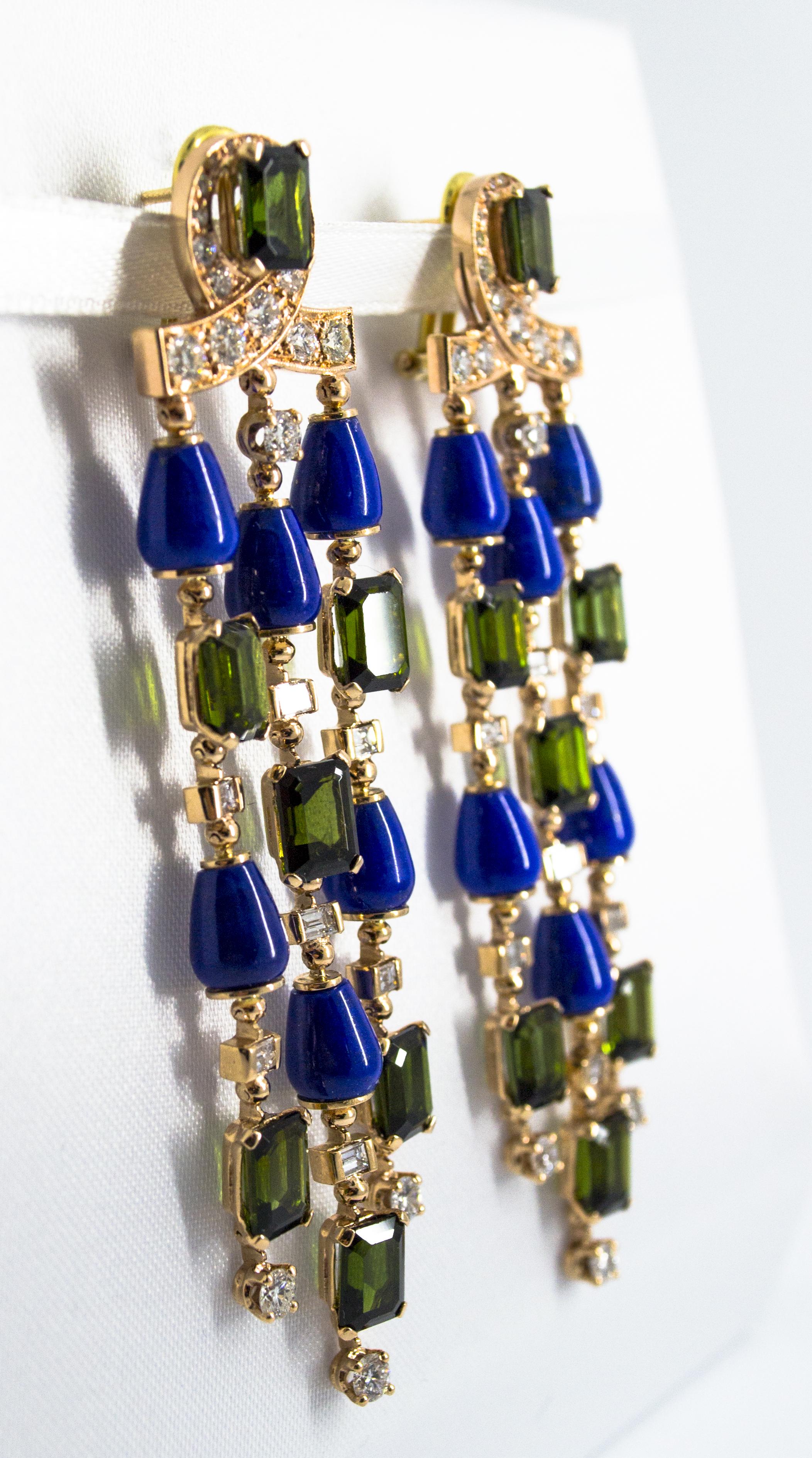 15.60 Carat Tourmaline Lapis 2.90 Carat White Diamond Yellow Gold Drop Earrings For Sale 2