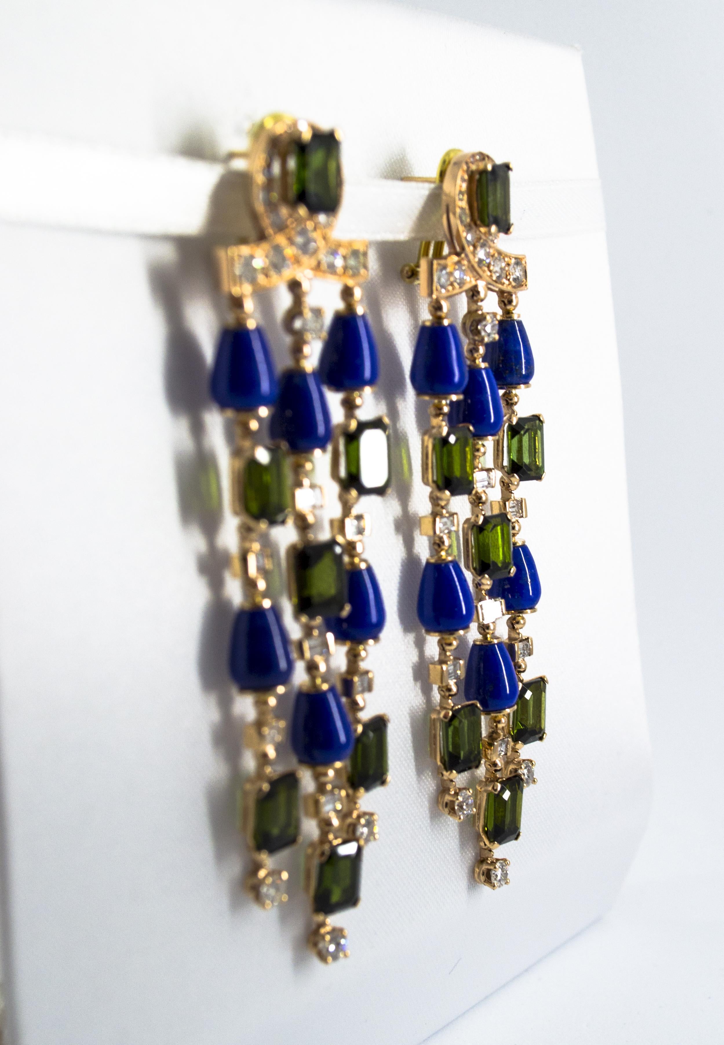 15.60 Carat Tourmaline Lapis 2.90 Carat White Diamond Yellow Gold Drop Earrings For Sale 3