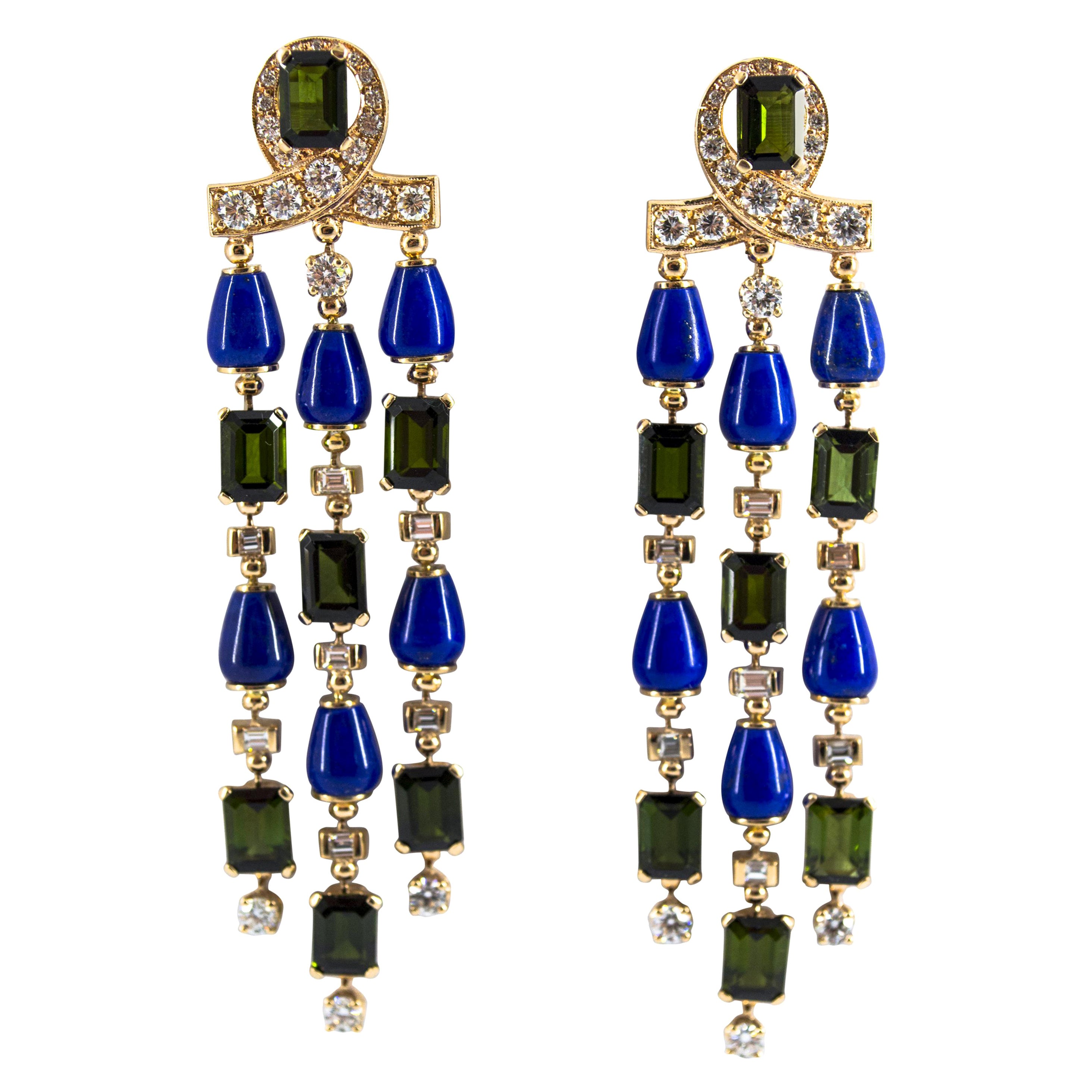 15.60 Carat Tourmaline Lapis 2.90 Carat White Diamond Yellow Gold Drop Earrings For Sale
