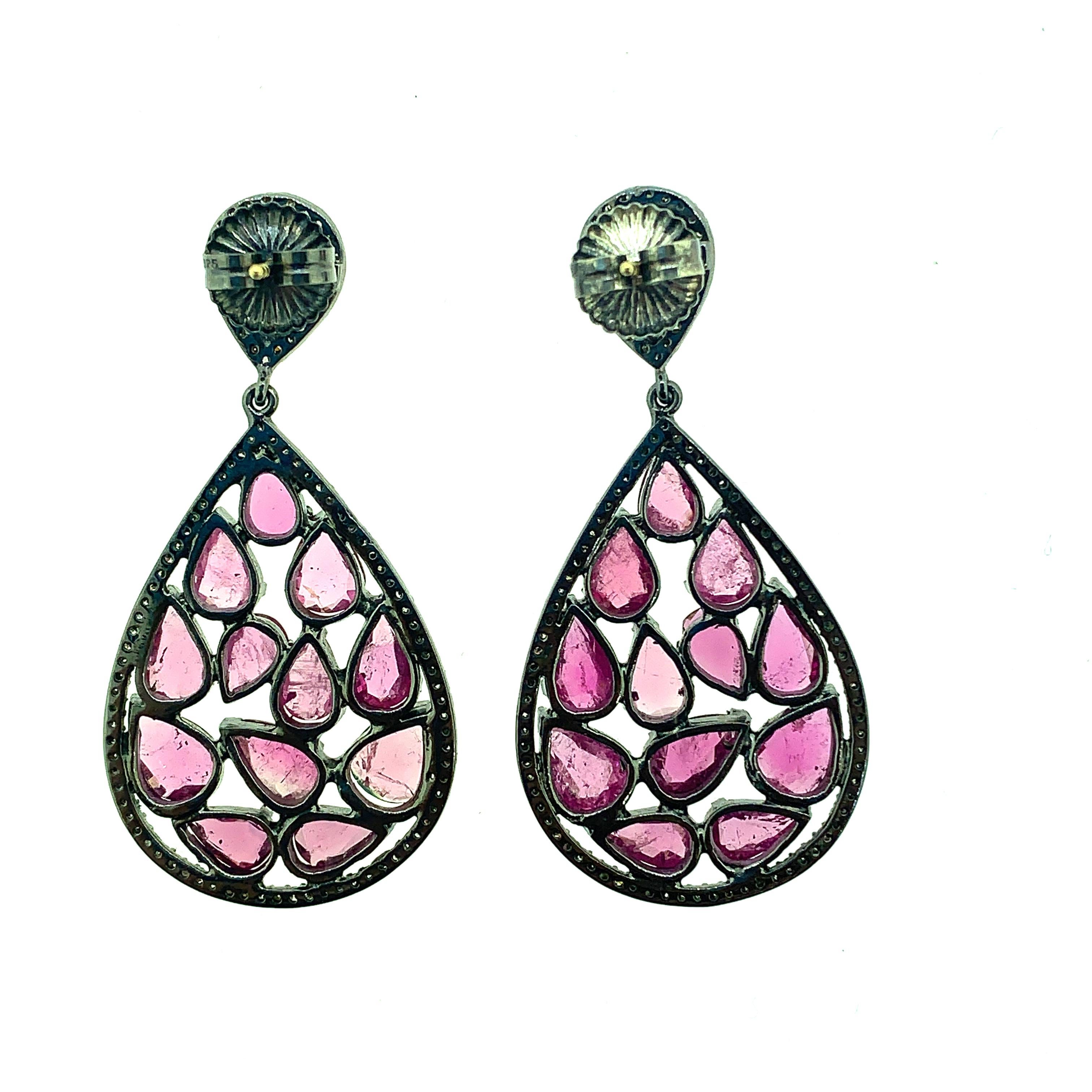 Contemporary 15.60 ct Tourmaline Diamond Earrings in Oxidized Sterling Silver with 14KT Gold For Sale