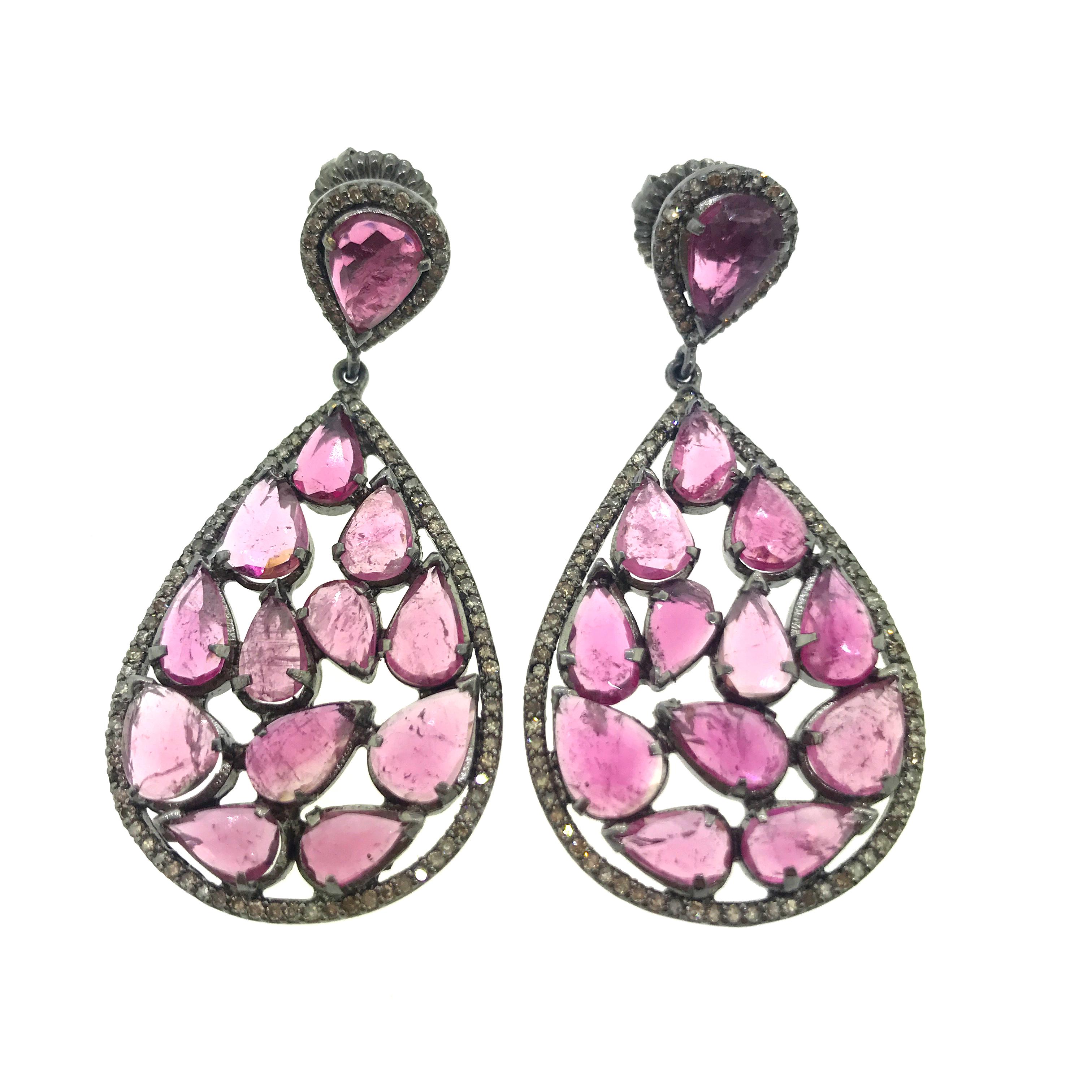 Rose Cut 15.60 ct Tourmaline Diamond Earrings in Oxidized Sterling Silver with 14KT Gold For Sale