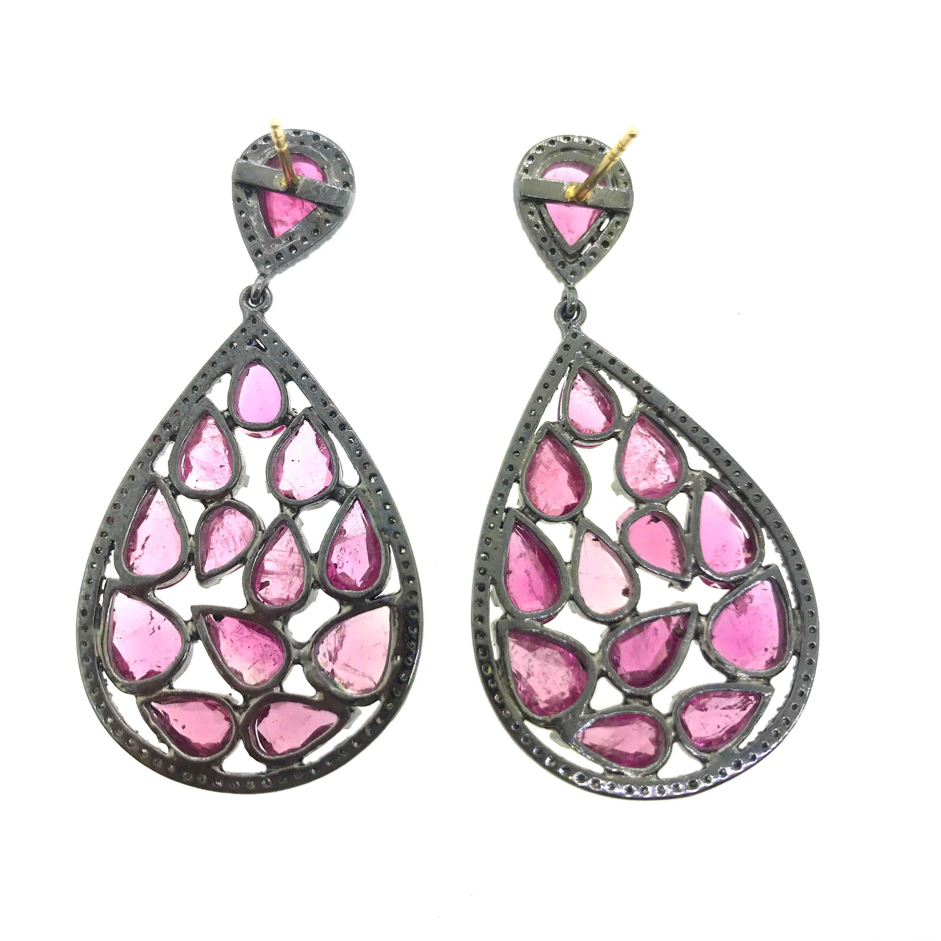 15.60 ct Tourmaline Diamond Earrings in Oxidized Sterling Silver with 14KT Gold In New Condition For Sale In New York, NY