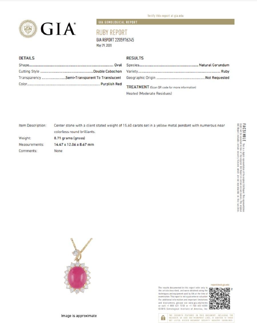 Women's 15.60ct Ruby Diamond Gold Drop Pendant, GIA Certified For Sale