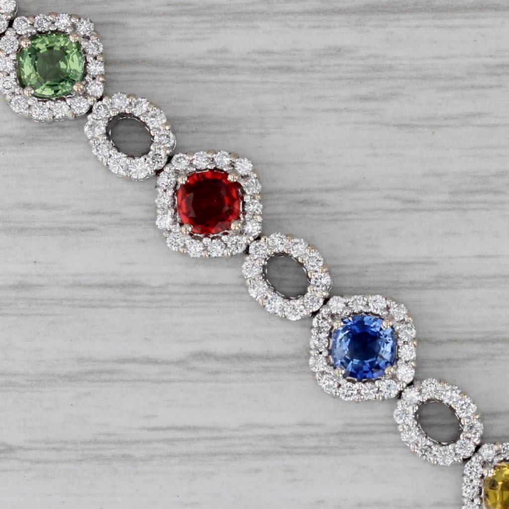Cushion Cut 15.62ctw Multicolor Sapphire Diamond Tennis Bracelet 18k White Gold 6.75