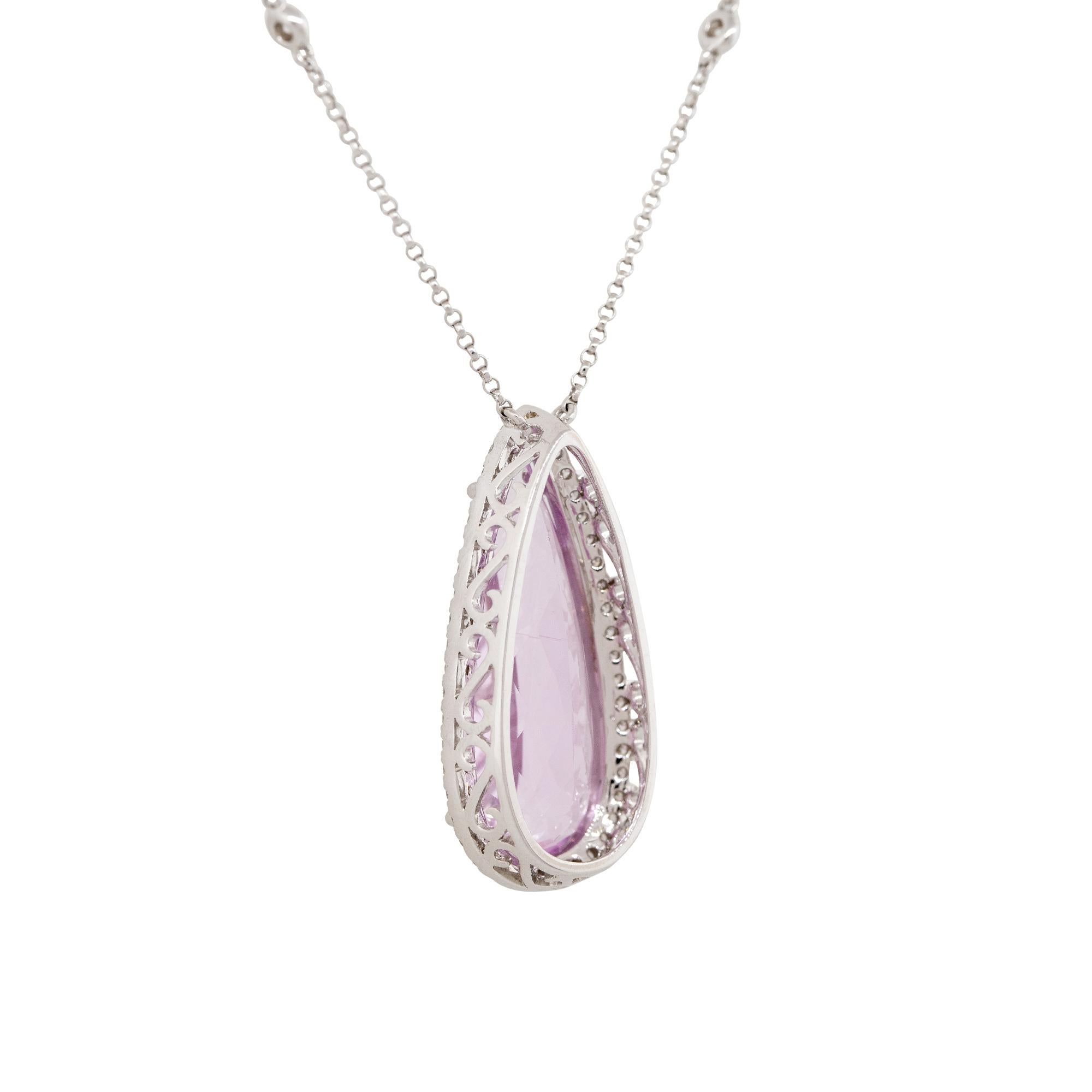 Pear Cut 15.63 Carat Kunzite & 0.55 Carat Diamond Halo Necklace 18 Karat In Stock For Sale