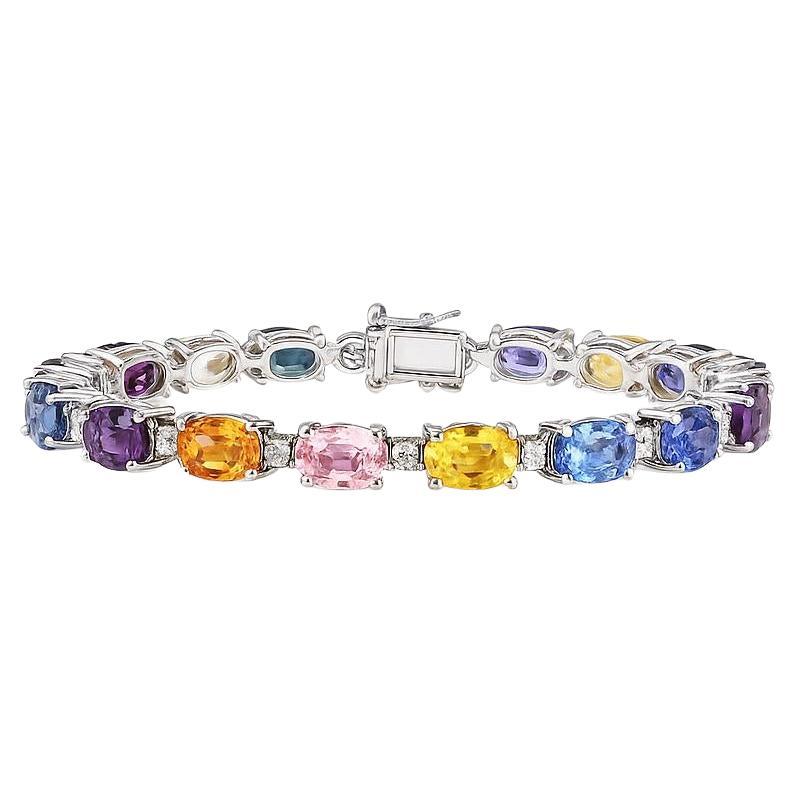 Bracelet de 15,63 carats de saphirs multicolores et de diamants en or blanc 18K Station