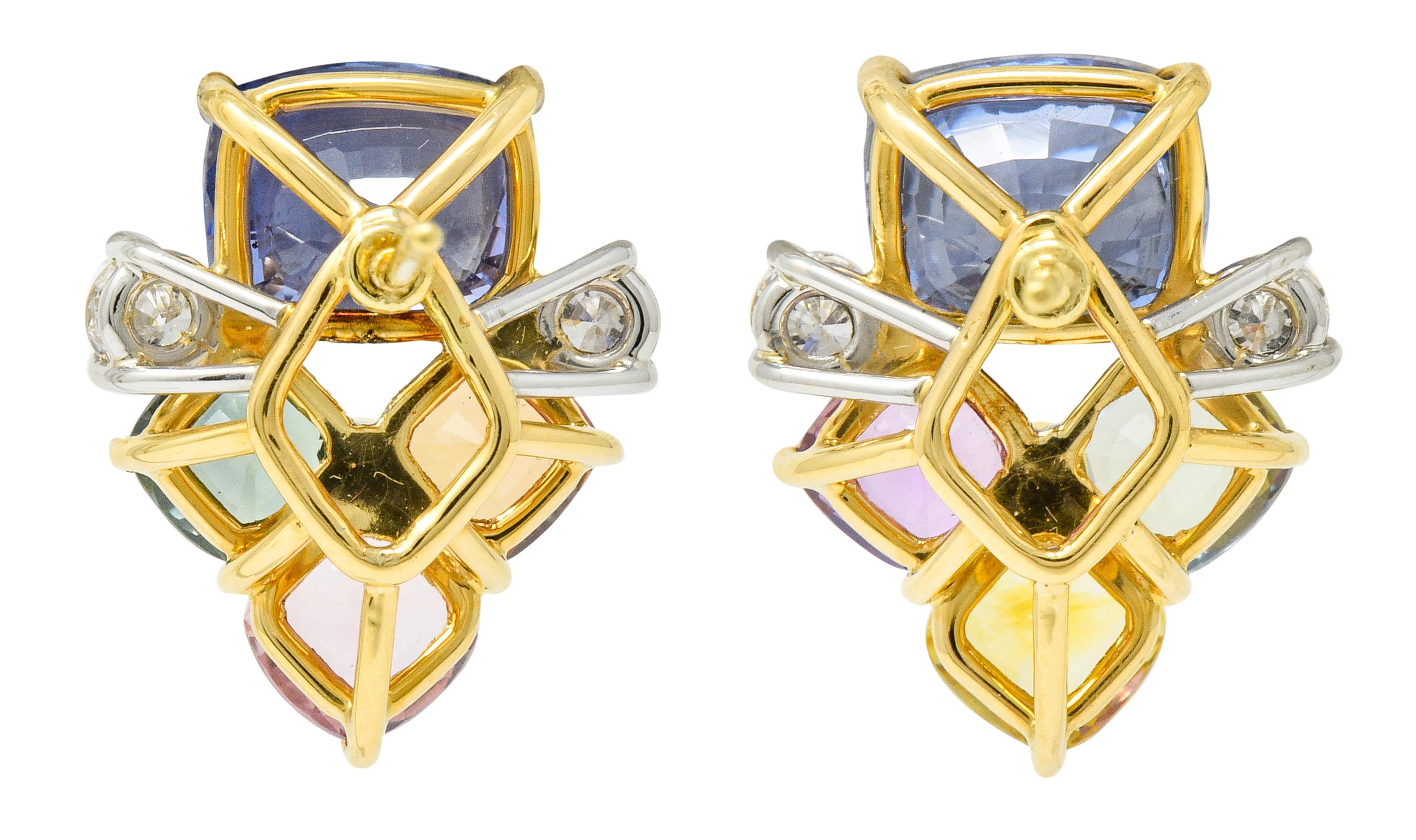 Contemporary 15.62 Carat Multi-Sapphire Diamond 18 Karat Gold Platinum Cluster Earrings For Sale