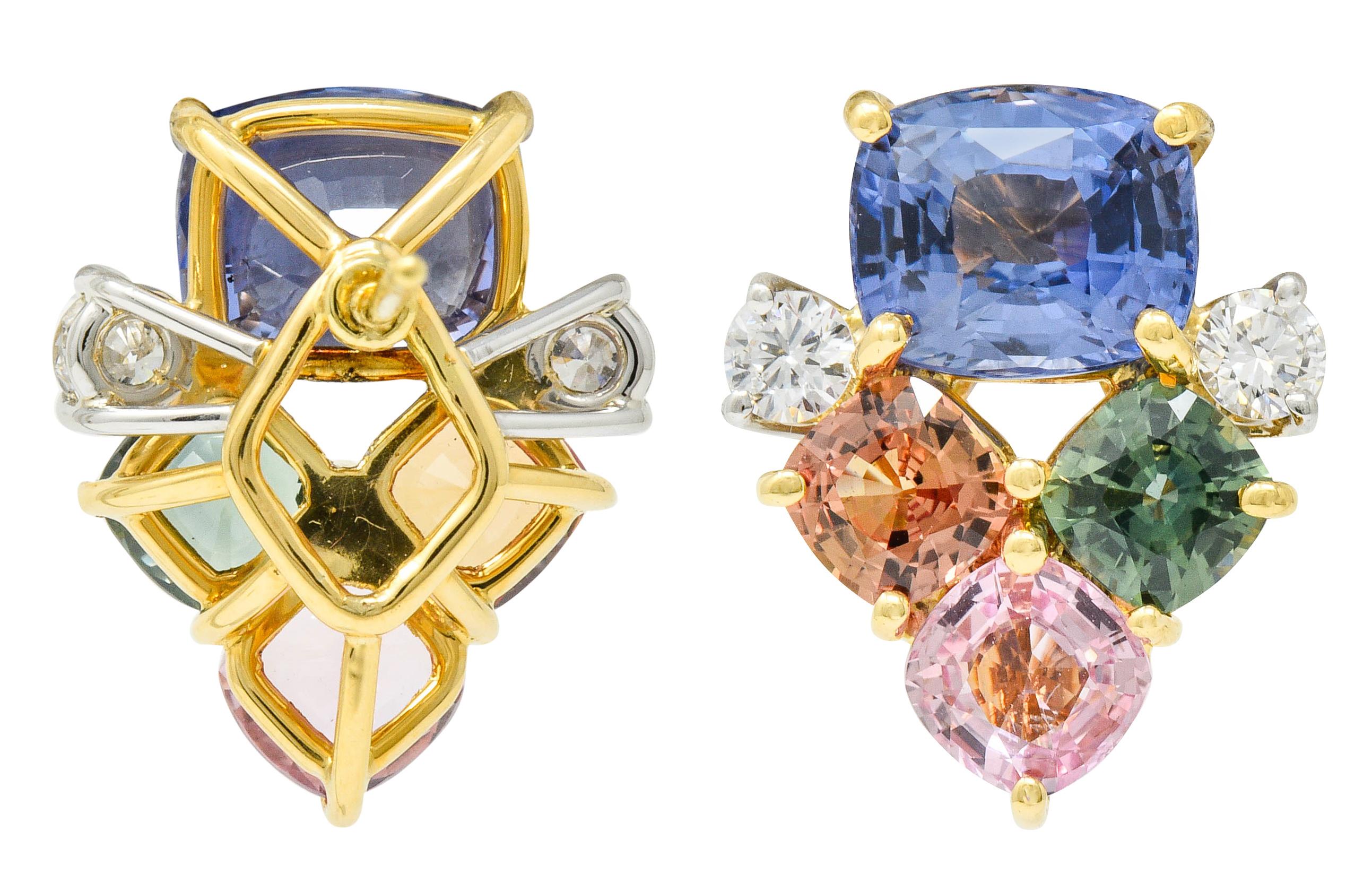 Women's or Men's 15.62 Carat Multi-Sapphire Diamond 18 Karat Gold Platinum Cluster Earrings For Sale