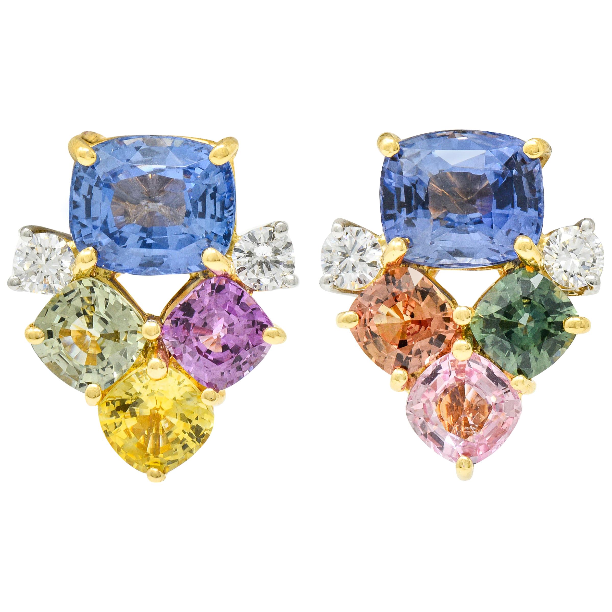 15.62 Carat Multi-Sapphire Diamond 18 Karat Gold Platinum Cluster Earrings