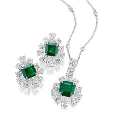 15.63ct Green Emerald Asscher Cut & GIA Pear Diamond Earrings in 18KT White Gold
