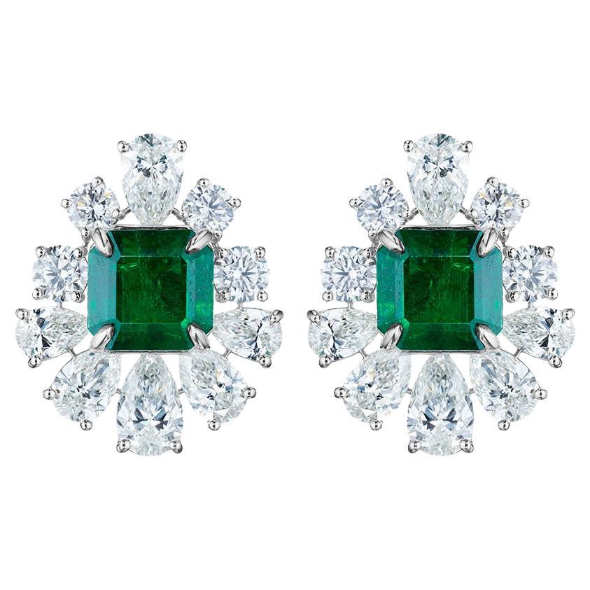 15.63ct Green Emerald Asscher Cut & GIA Pear Diamond Earrings in 18KT White Gold For Sale