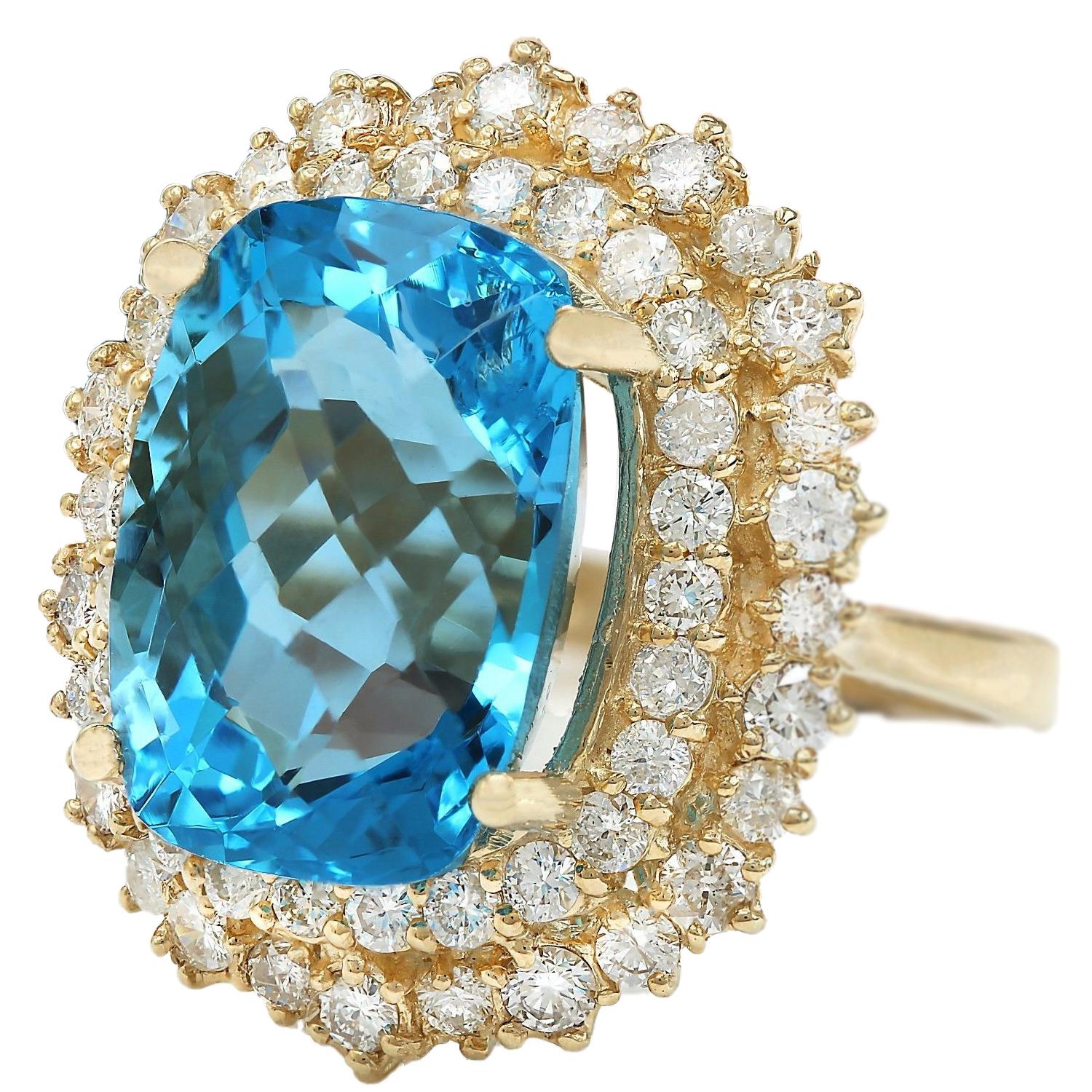 15.64 Carat Natural Topaz 14K Solid Yellow Gold Diamond Ring
 Item Type: Ring
 Item Style: Cocktail
 Material: 14K Yellow Gold
 Mainstone: Topaz
 Stone Color: Blue
 Stone Weight: 13.64 Carat
 Stone Shape: Cushion
 Stone Quantity: 1
 Stone