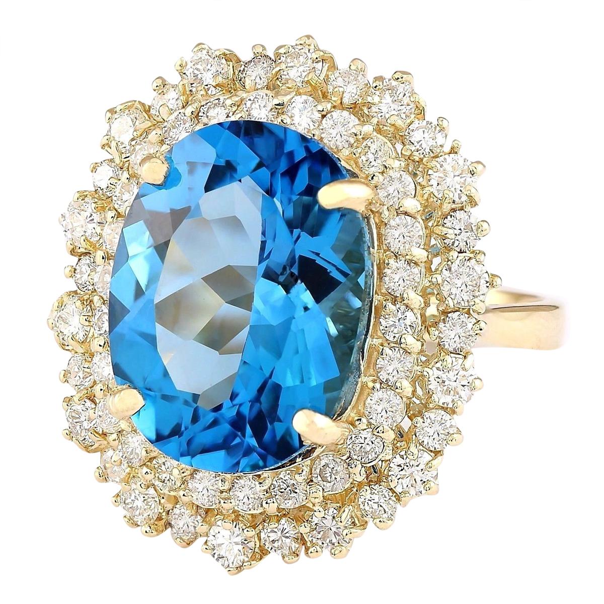 Introducing our stunning 14K Yellow Gold Diamond Ring, featuring a breathtaking 13.64 Carat Natural Topaz complemented by 2.00 Carat Diamonds. Stamped with 14K Yellow Gold, this ring boasts a total weight of 9.8 grams, showcasing exquisite