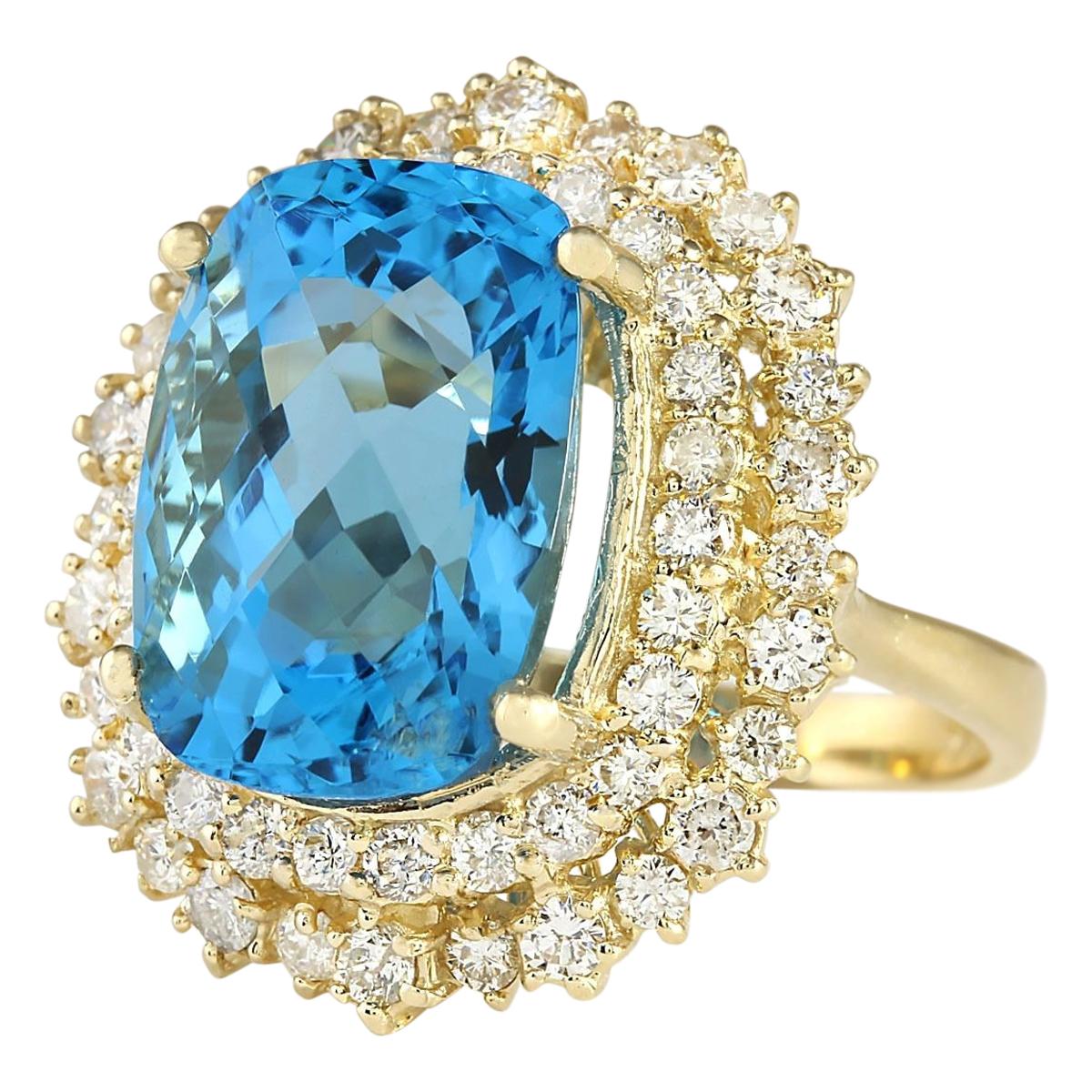 15.64 Carat Natural Topaz 14 Karat Yellow Gold Diamond Ring
Stamped: 14K Yellow Gold
Total Ring Weight: 9.8 Grams
Topaz Weight is 13.64 Carat (Measures: 15.00x11.00 mm)
Diamond Weight is 2.00 Carat
Color: F-G, Clarity: VS2-SI1
Face Measures: