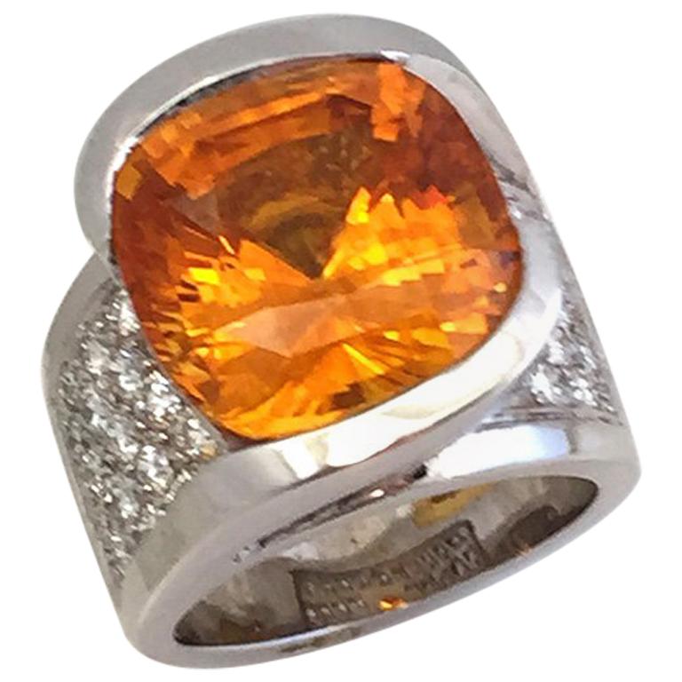 15.65 Carat Huge Cushion Natural Honey Orange Sapphire and Diamond Ring For Sale