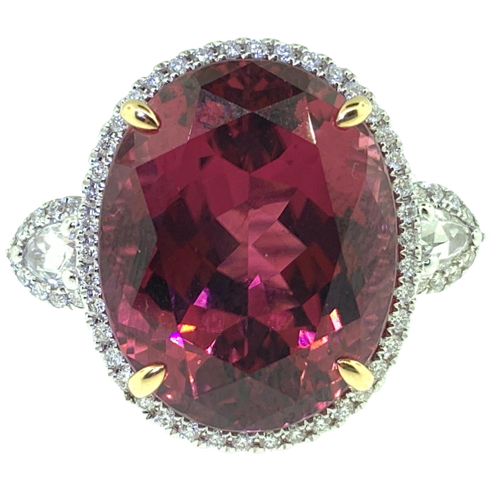 Oval Cut 15.65 Carat Oval Rubellite Tourmaline and Diamond Cocktail Ring For Sale