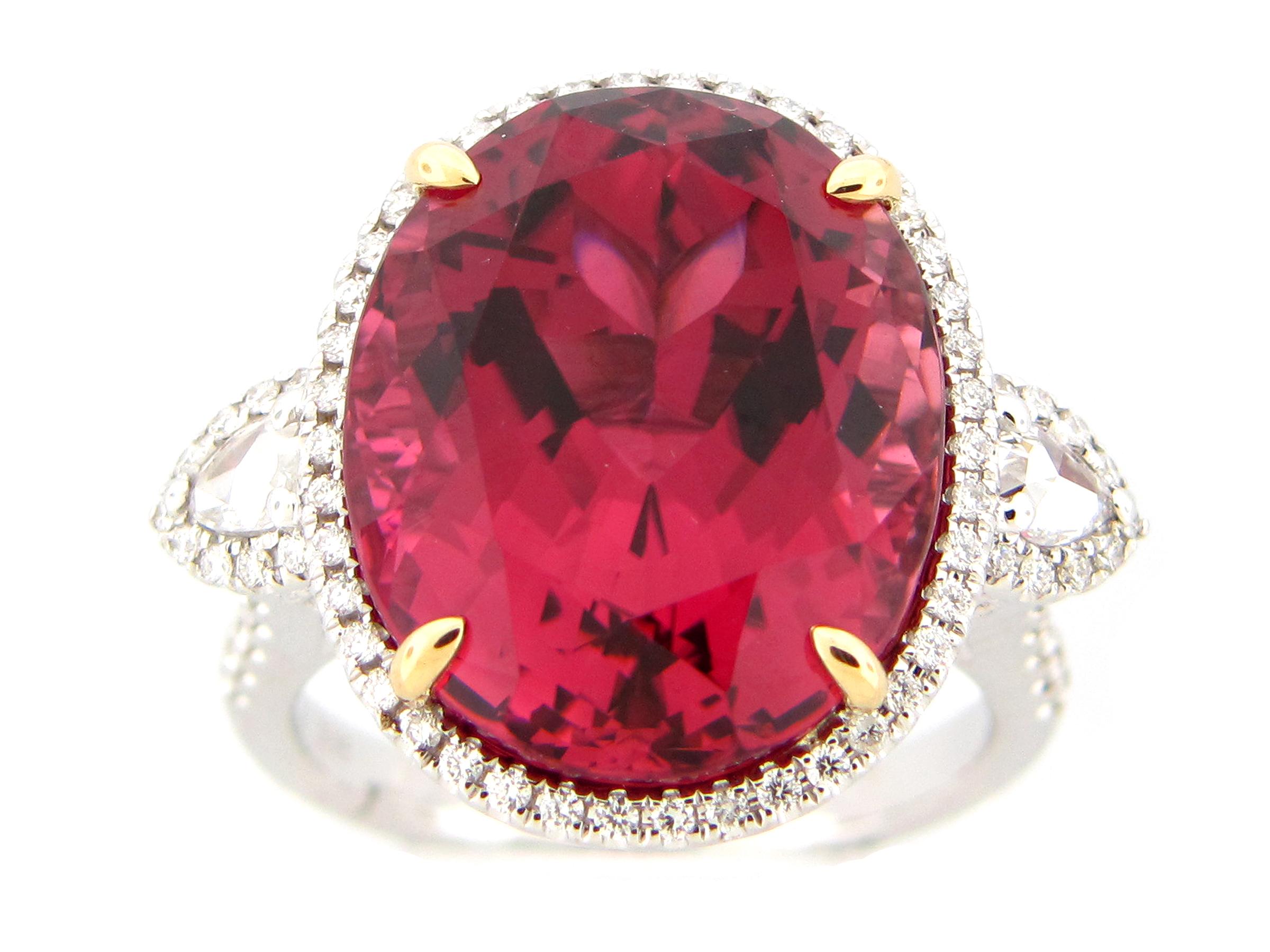 Women's 15.65 Carat Oval Rubellite Tourmaline and Diamond Cocktail Ring