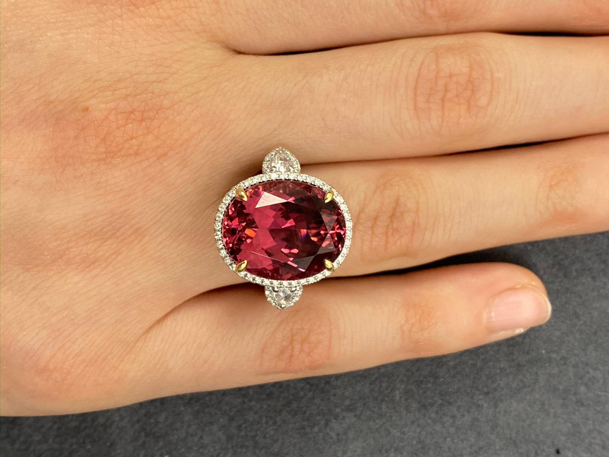 15.65 Carat Oval Rubellite Tourmaline and Diamond Cocktail Ring For Sale 3