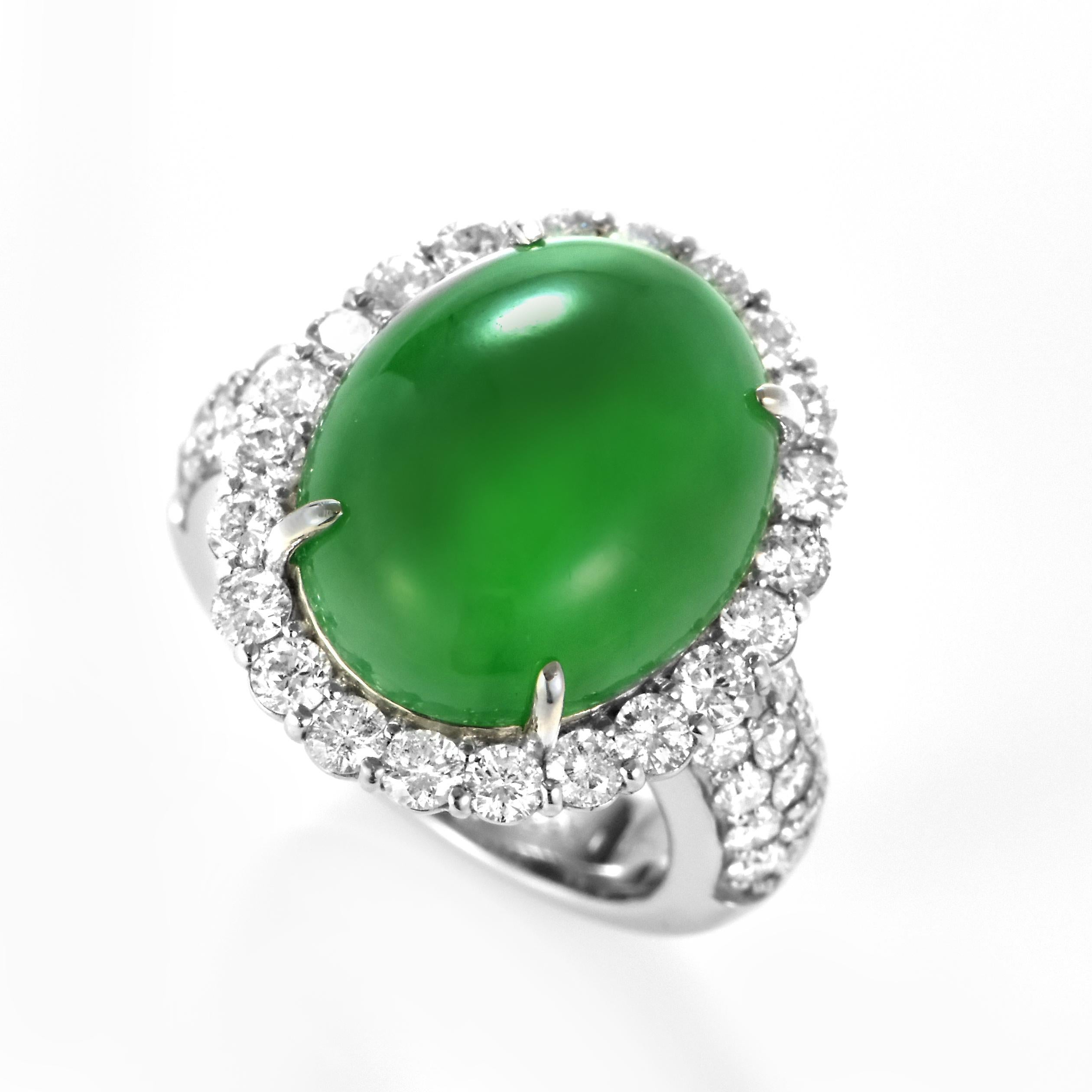 A beautiful Ring featuring a 15.66 Carat, Natural, Non-dyed Jadeite and 2.32 Carats of Diamond Accents set in Platinum. Jadeite has been cherished for millennia. Its nature is pure and enduring, yet sensuous and luxurious. Jadeite’s exceptional look