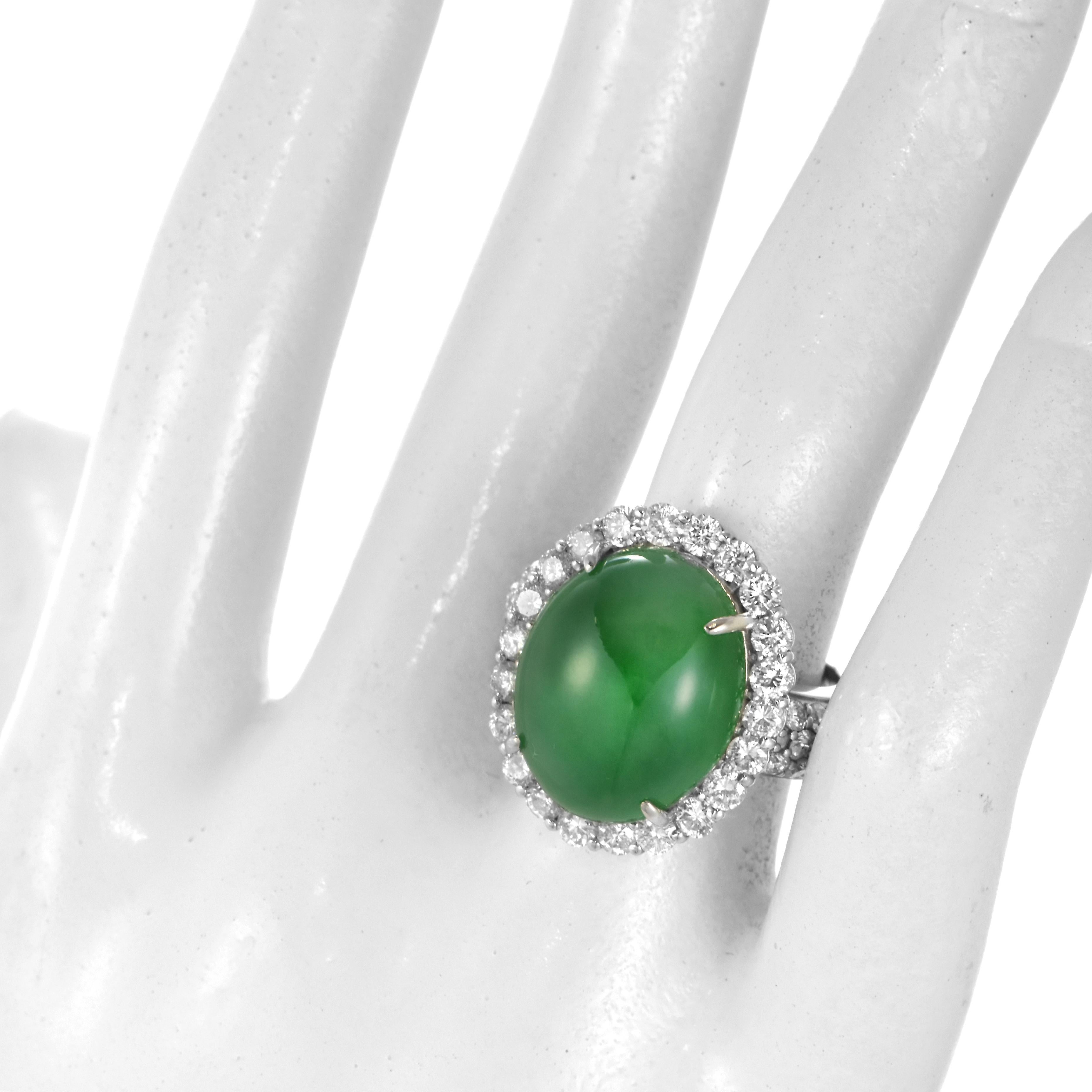 Cabochon 15.66 Carat Natural Type A Jade and Diamond Ring Made in Platinum For Sale