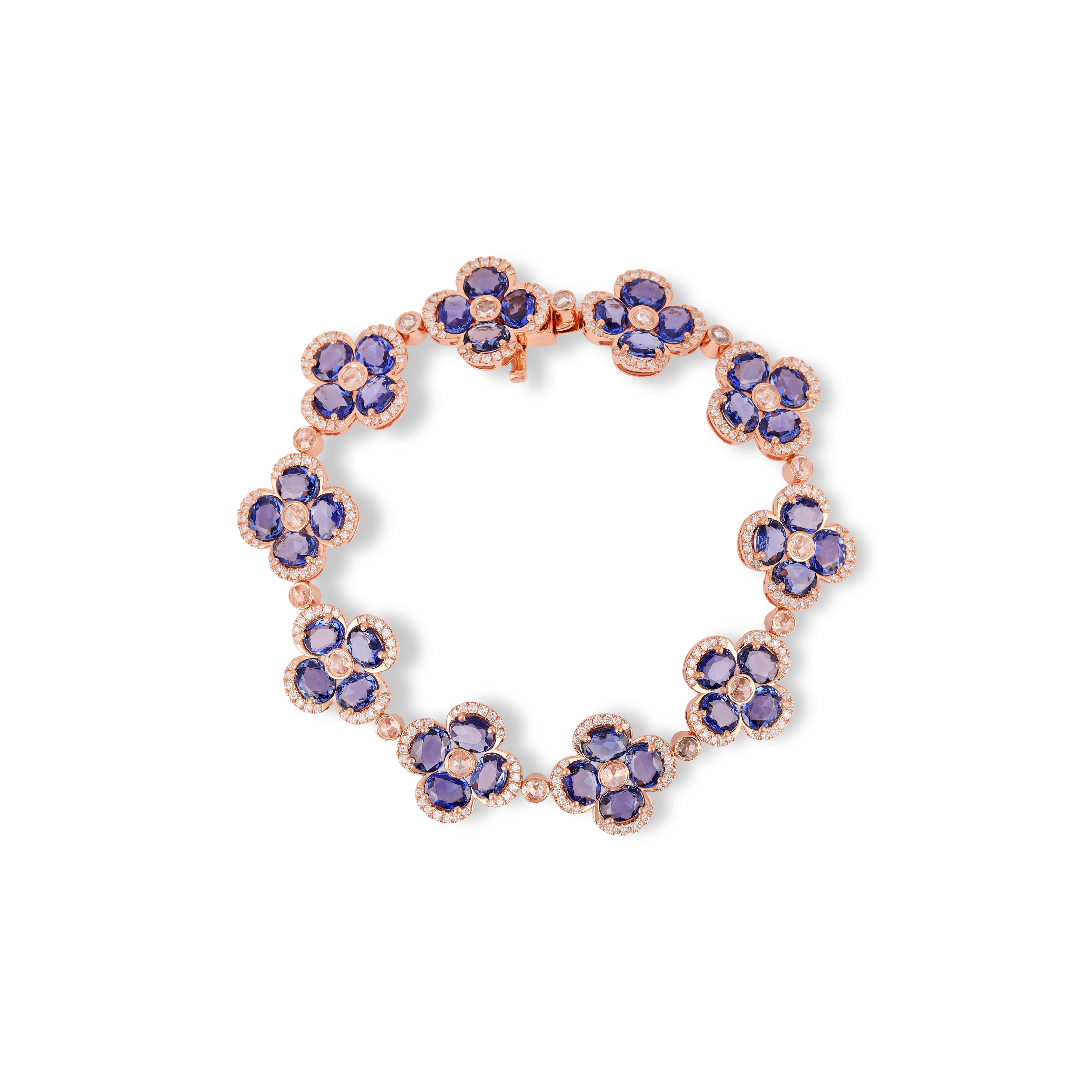 15.66 Carat Sapphire and Diamond  Bracelet in 18K White Gold

This magnificent Oval shape sapphire Flower bracelet is incredulous. The solitaire Oval-shaped Oval-cut sapphires are beautifully With Single Rose cut Diamonds & Small Diamond making the