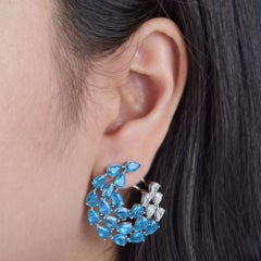 15.66ct Real Blue Topaz Diamond Crescent Moon 14K White Gold Hoop Earrings