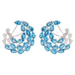 15.66ct Real Blue Topaz Diamond Crescent Moon 14K White Gold Hoop Earrings
