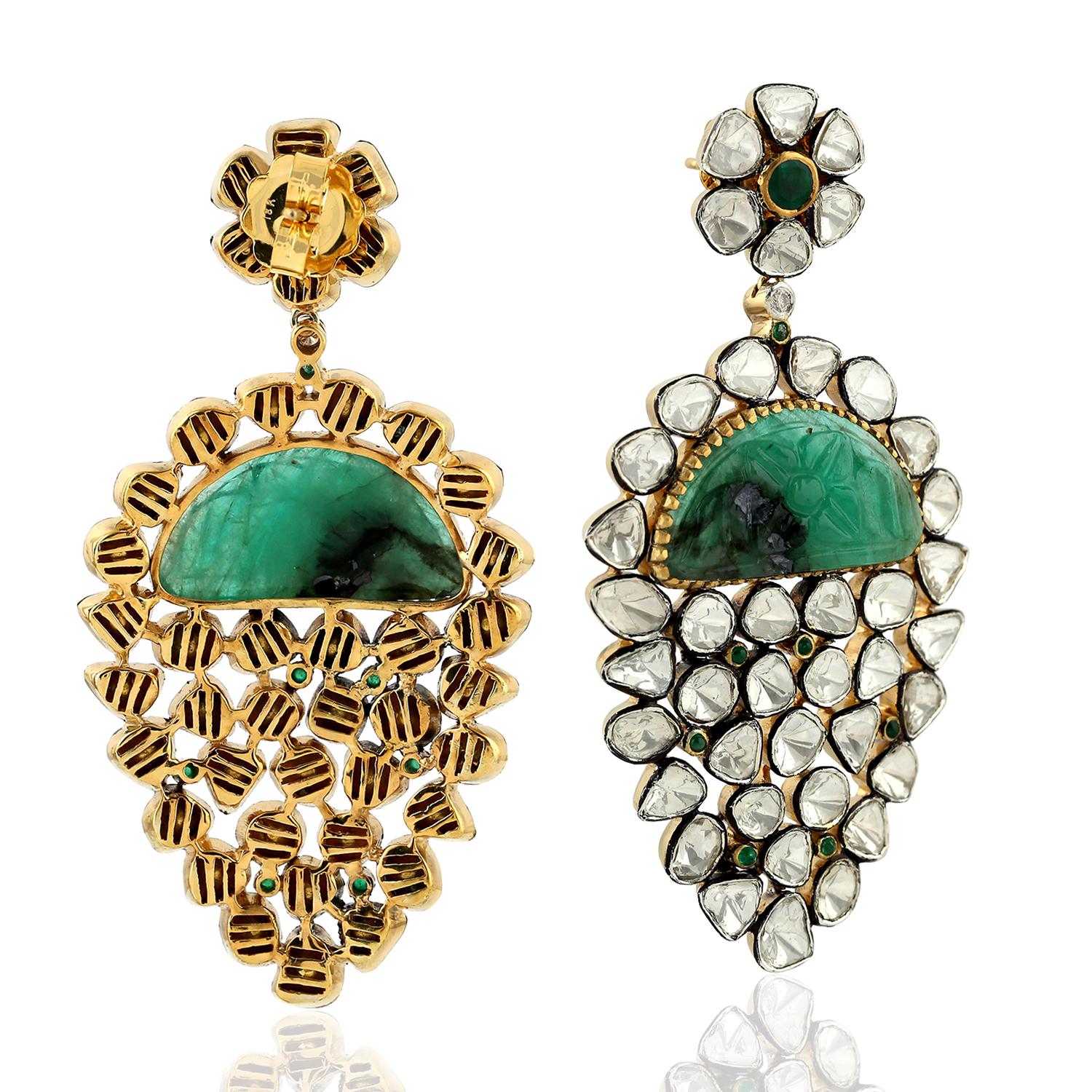 Victorian 15.66ct Rose Cut Diamonds Earrings With Carved Emerald In 18k Gold & Silver For Sale