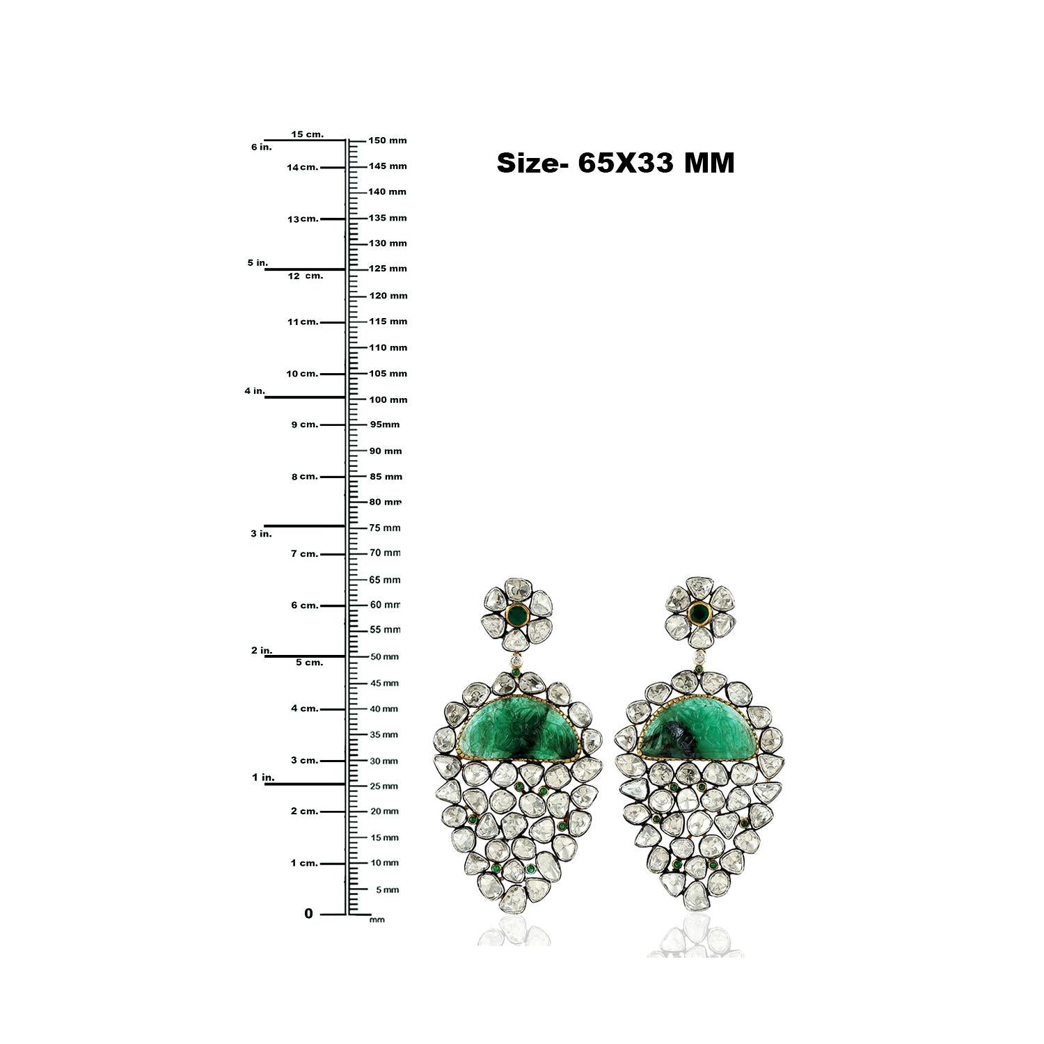 Mixed Cut 15.66ct Rose Cut Diamonds Earrings With Carved Emerald In 18k Gold & Silver For Sale