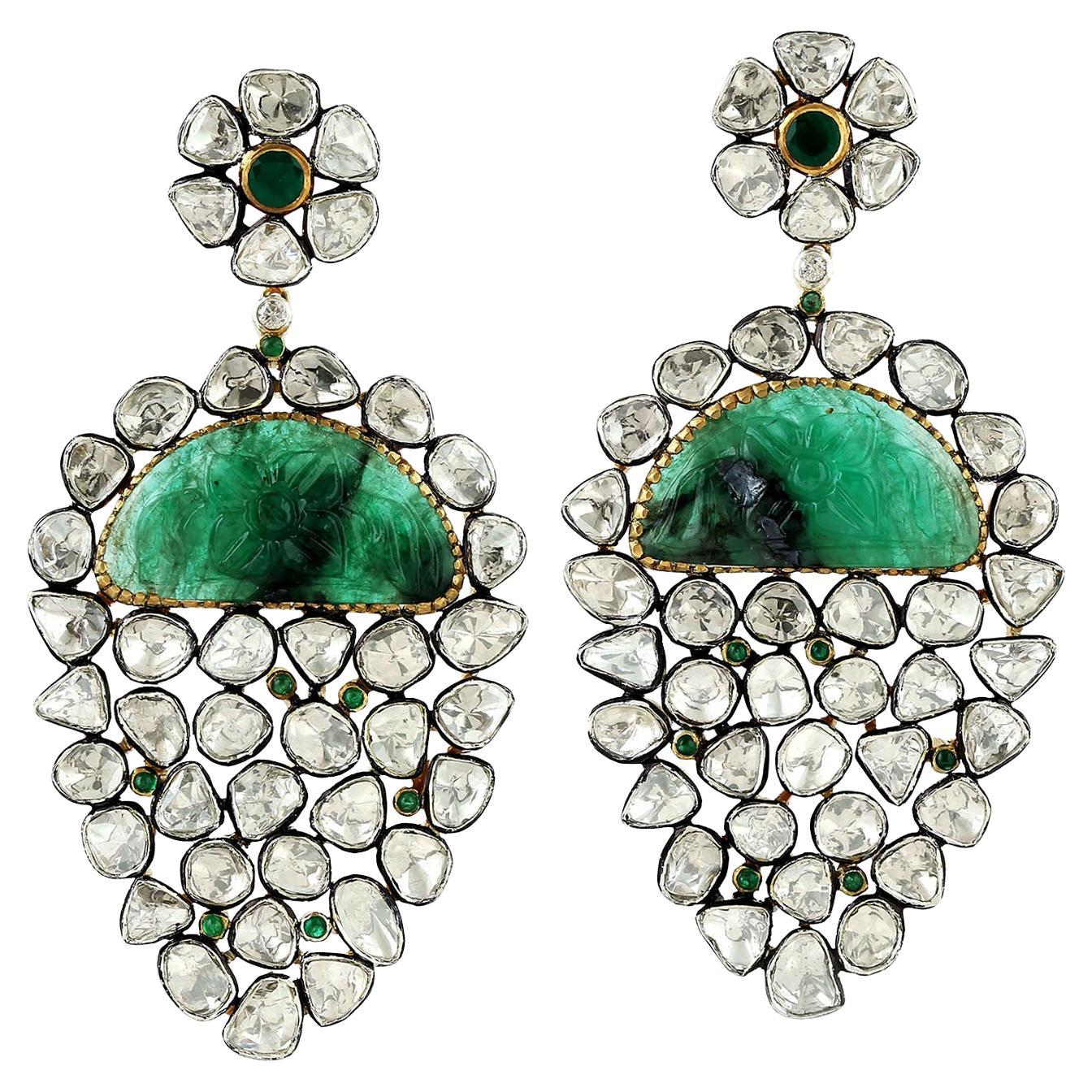 15.66ct Rose Cut Diamonds Earrings With Carved Emerald In 18k Gold & Silver