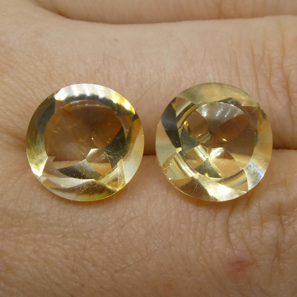 Description:

Gem Type: Citrine
Number of Stones: 2
Weight: 15.66 cts
Measurements: 13X13X7.50mm
Shape: Round
Cutting Style: Round Fantasy Cut
Cutting Style Crown: Fantasy Cut
Cutting Style Pavilion: Fantasy Cut
Transparency: Transparent
Clarity: